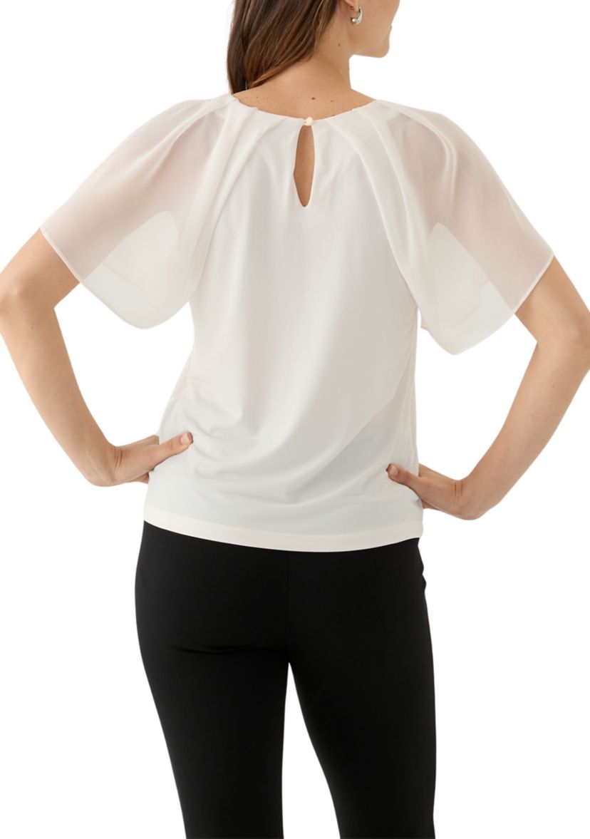 Womens Mixed Media Flutter Sleeve Knit Top