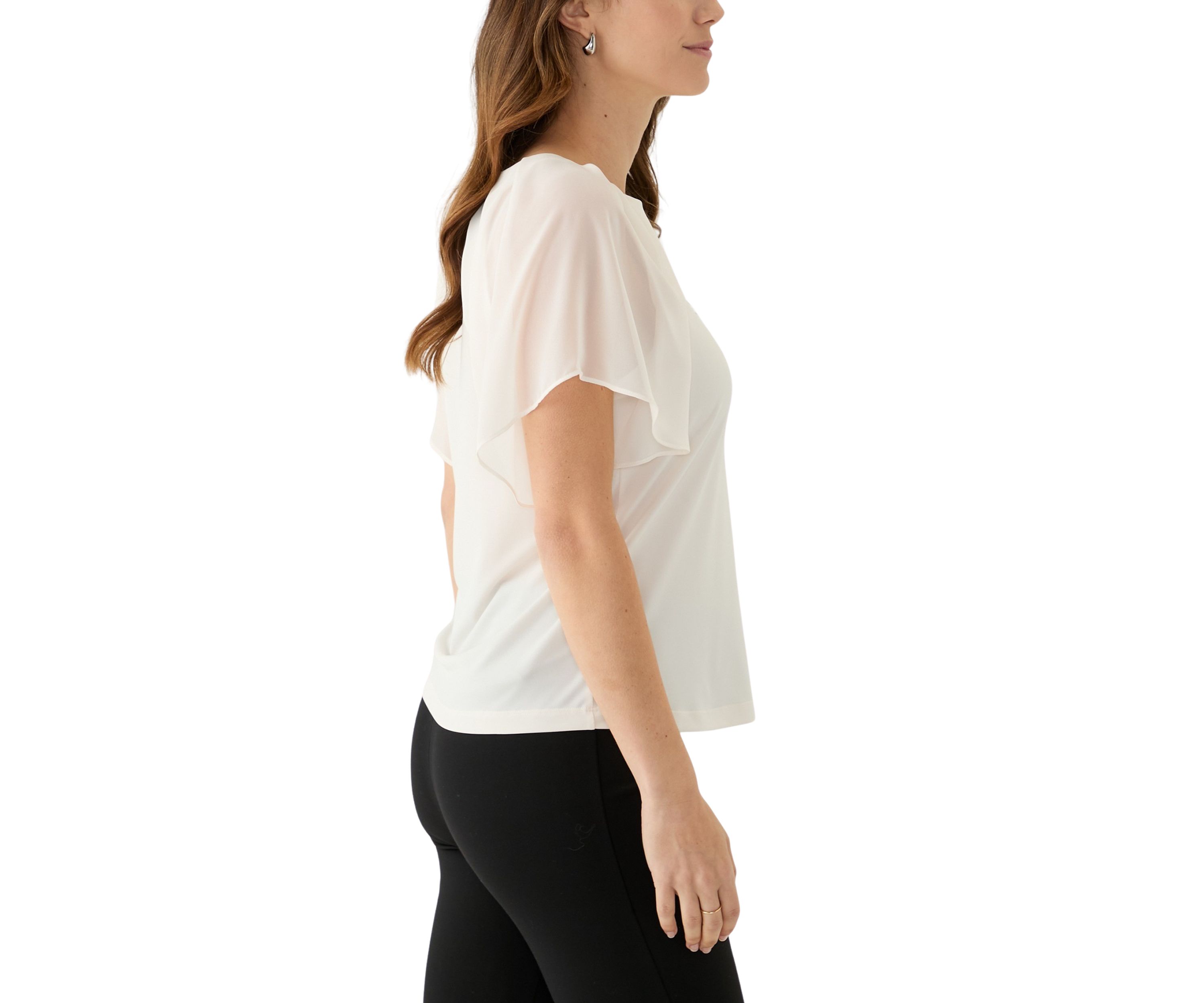 Womens Mixed Media Flutter Sleeve Knit Top