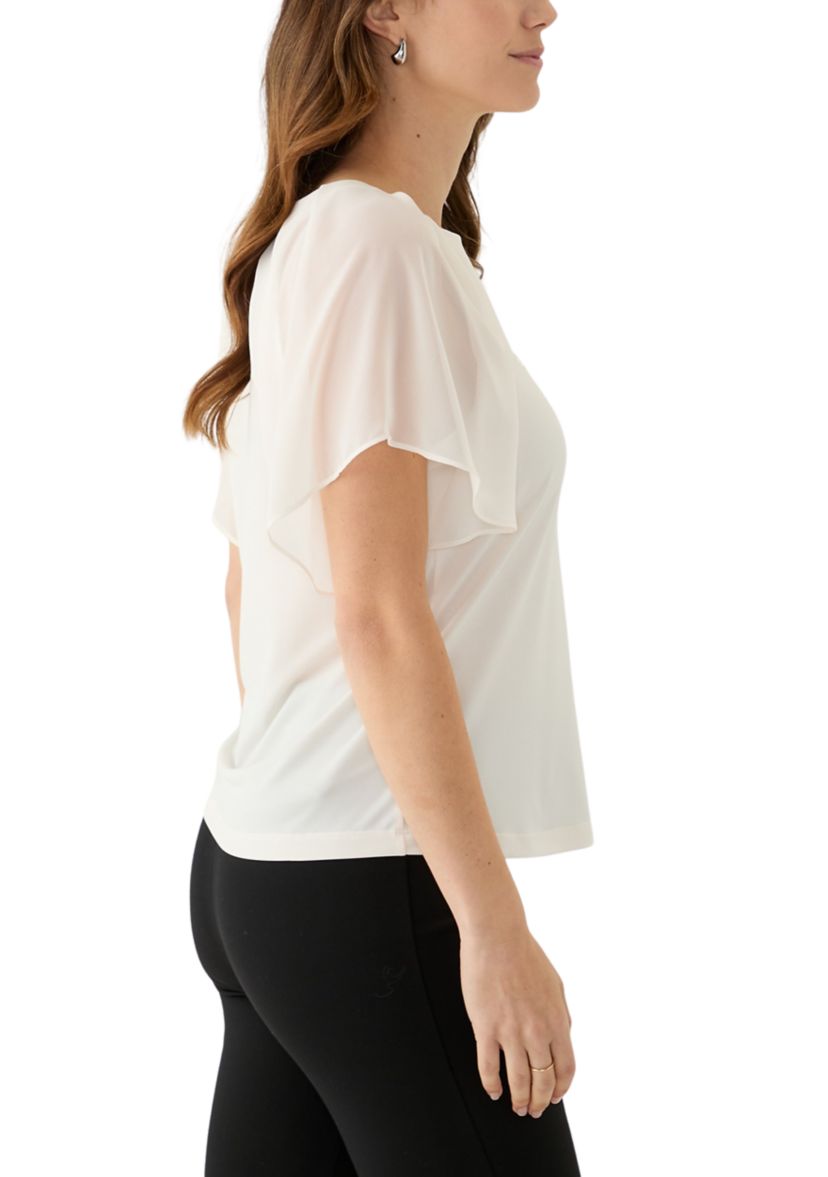 Womens Mixed Media Flutter Sleeve Knit Top