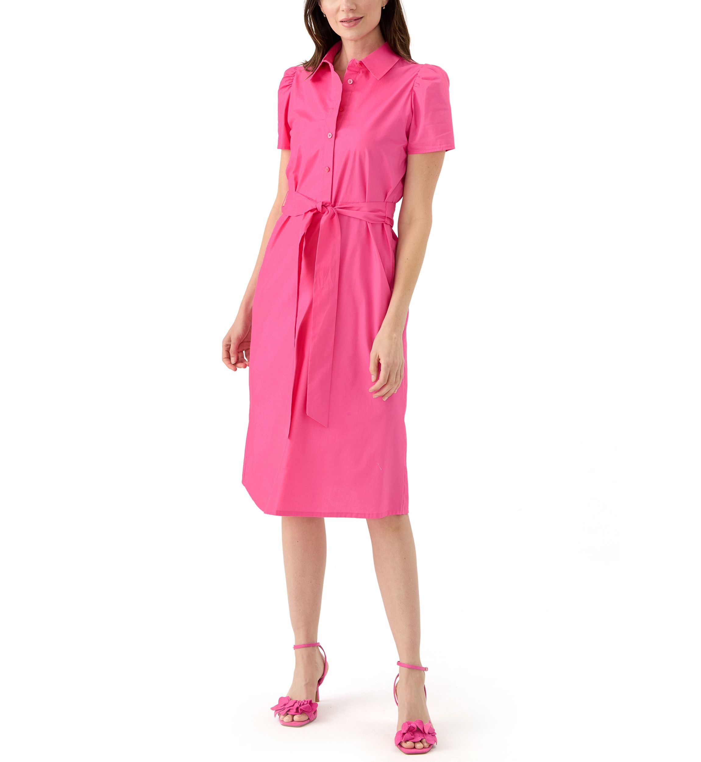 Womens Puff Sleeve Midi Shirtdress