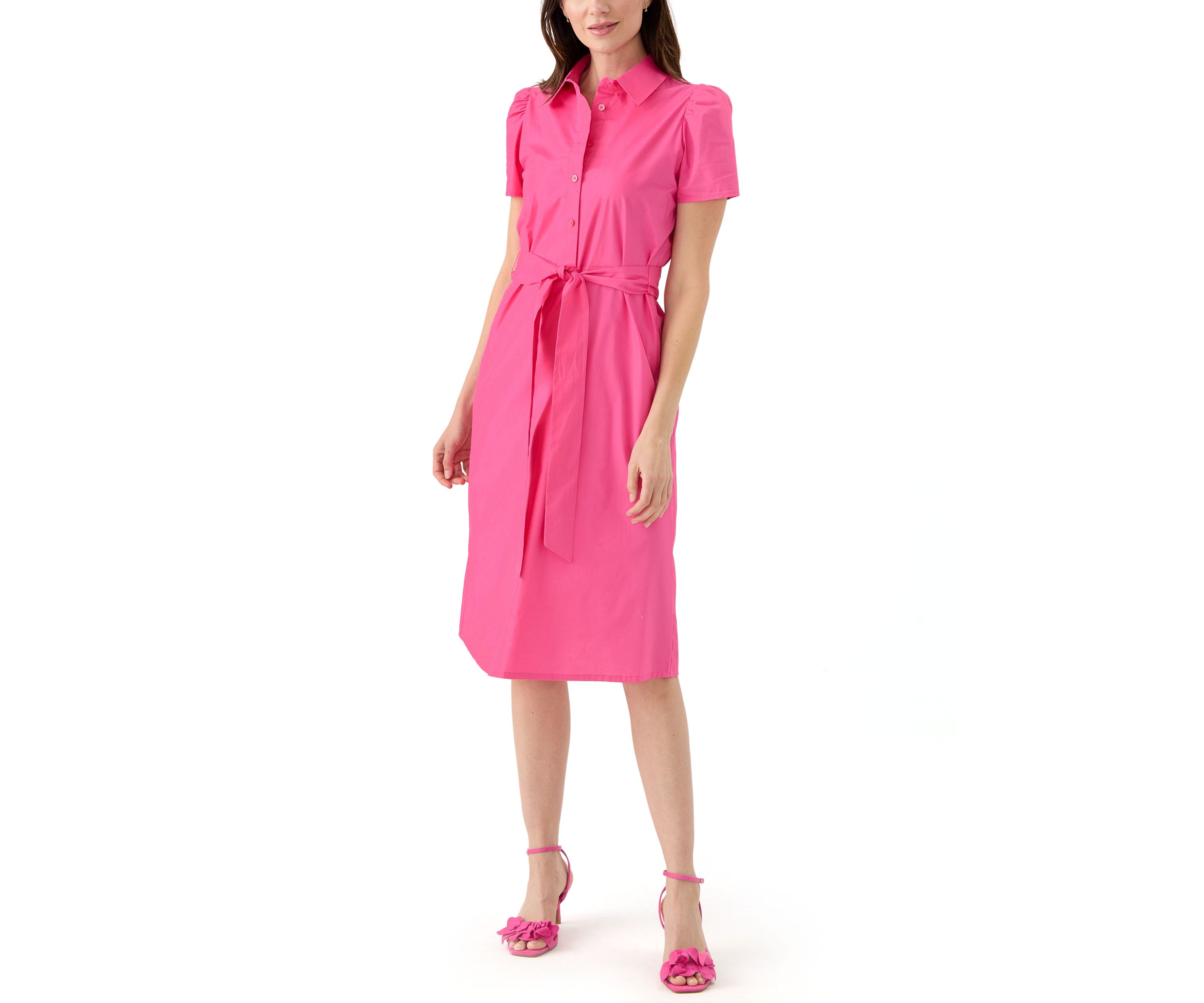 Womens Puff Sleeve Midi Shirtdress
