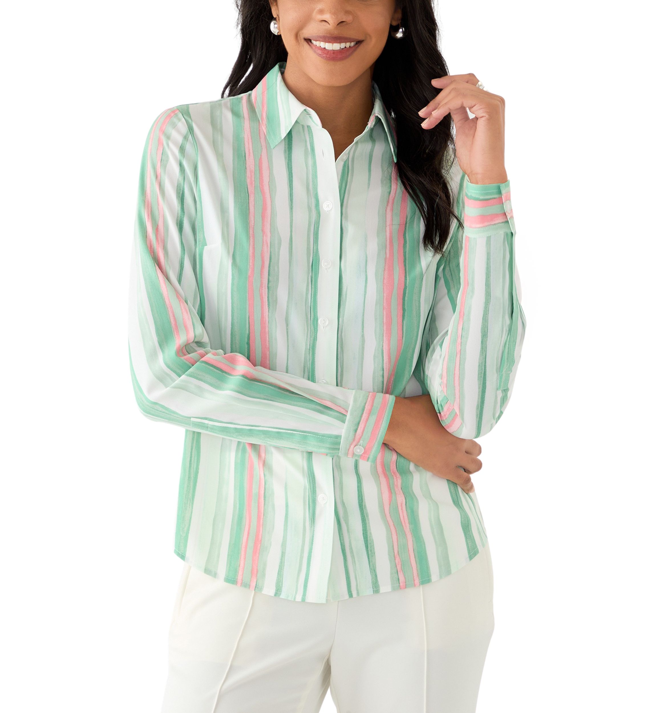 Womens Watercolor Stripe Button Front Blouse