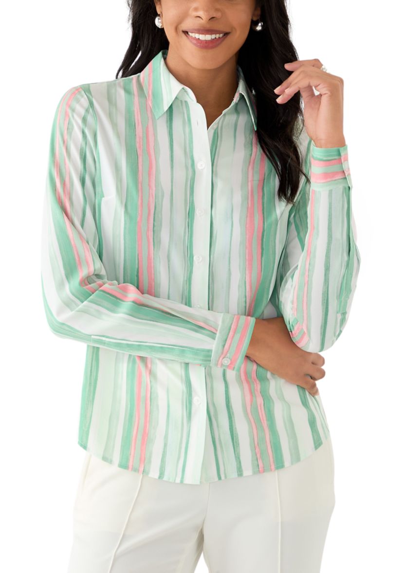 Womens Watercolor Stripe Button Front Blouse