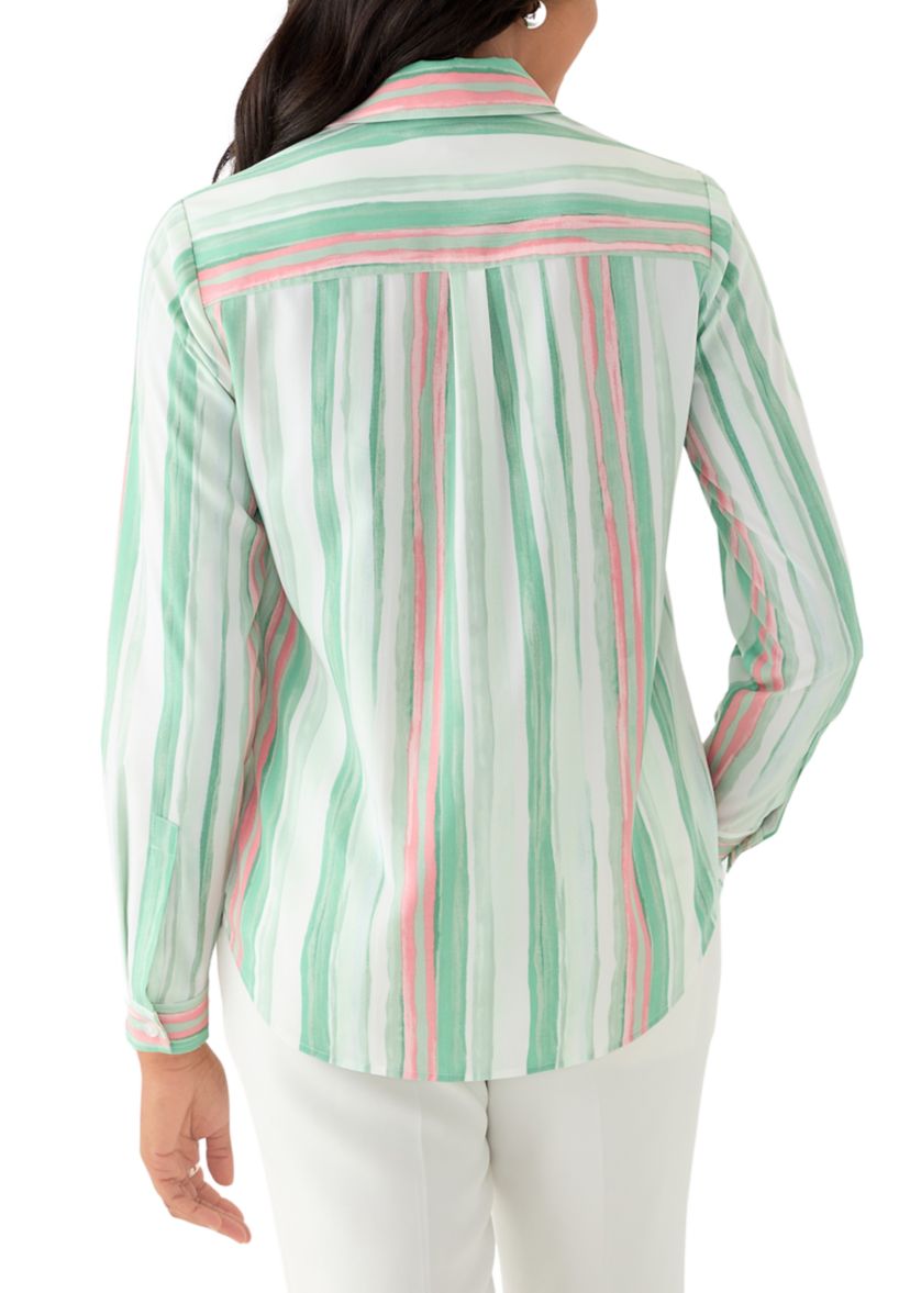 Womens Watercolor Stripe Button Front Blouse