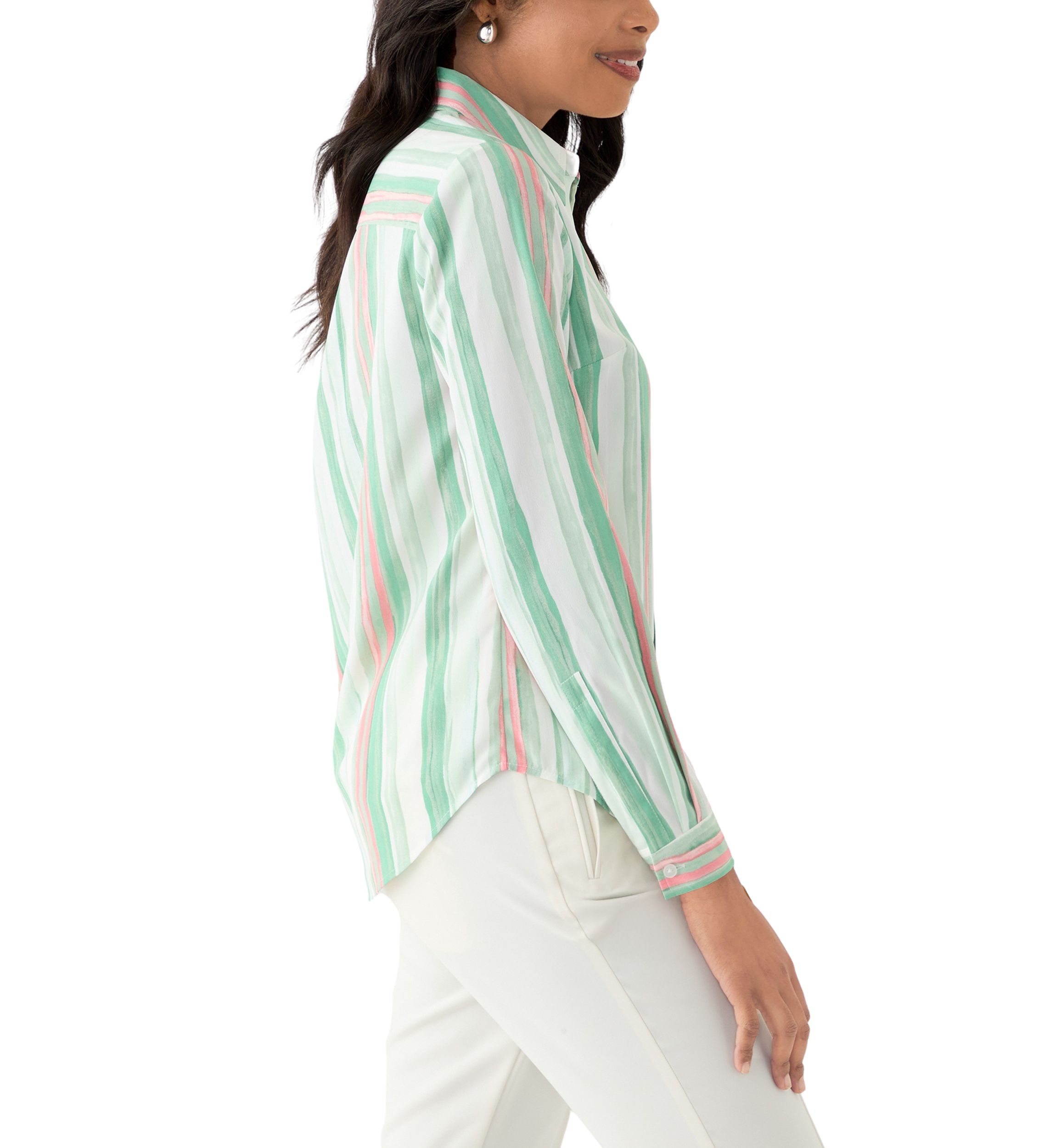 Womens Watercolor Stripe Button Front Blouse