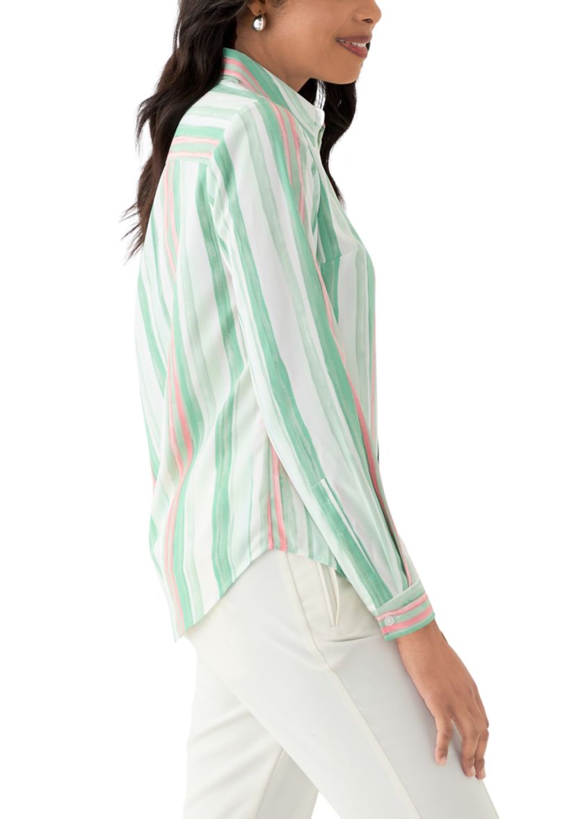 Womens Watercolor Stripe Button Front Blouse