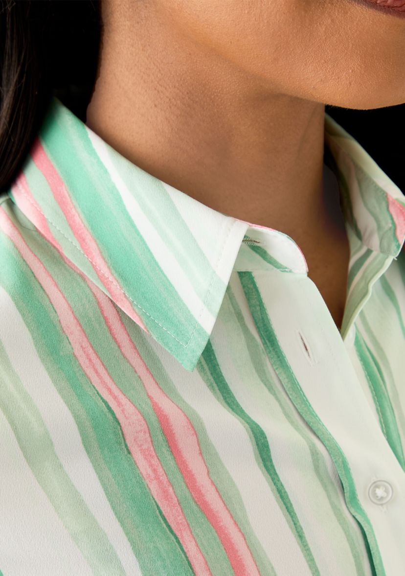 Womens Watercolor Stripe Button Front Blouse