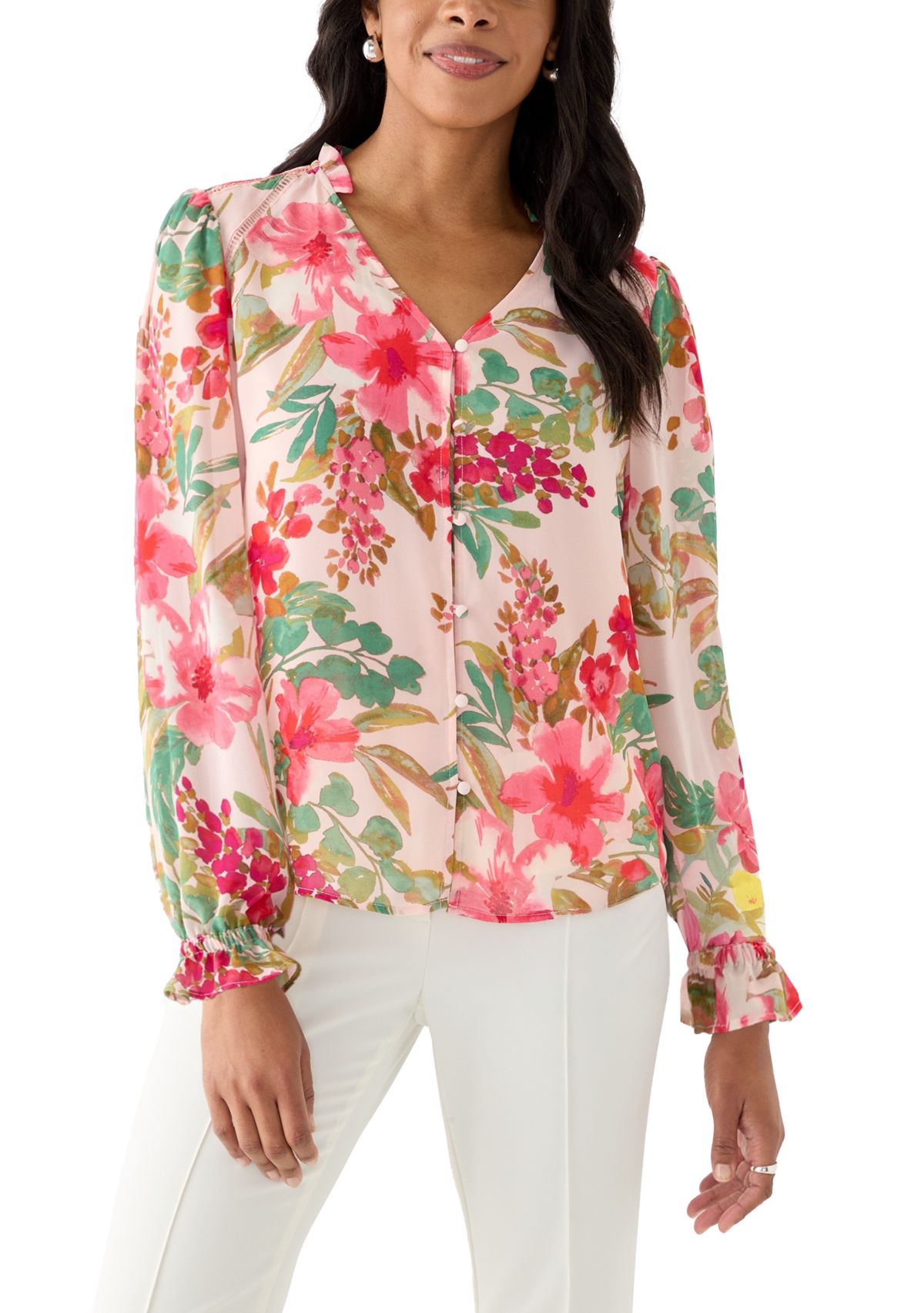 Womens Floral Print V-Neck Button Front Blouse 