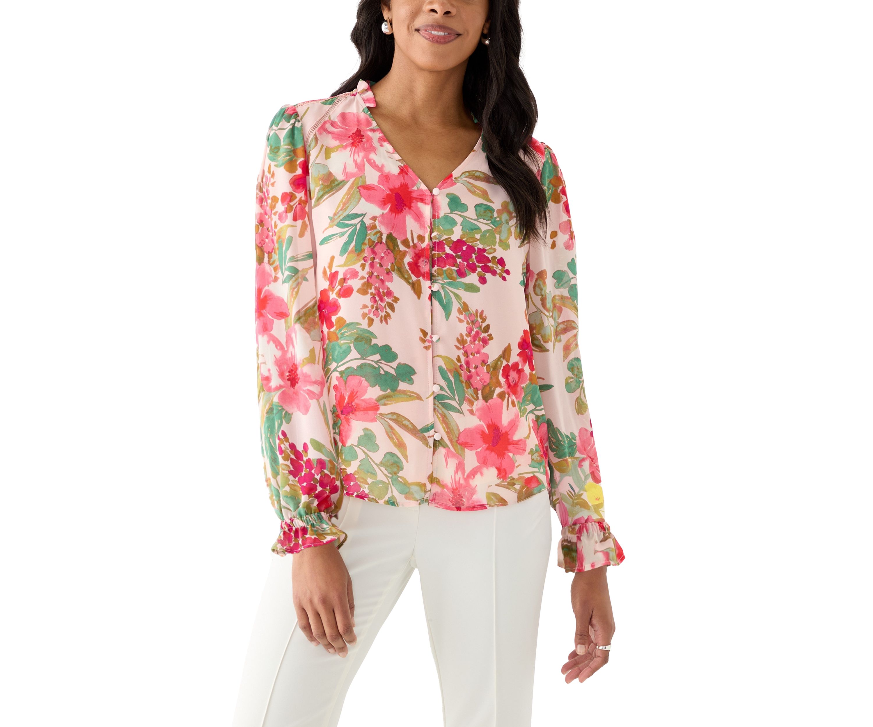 Womens Floral Print V-Neck Button Front Blouse 