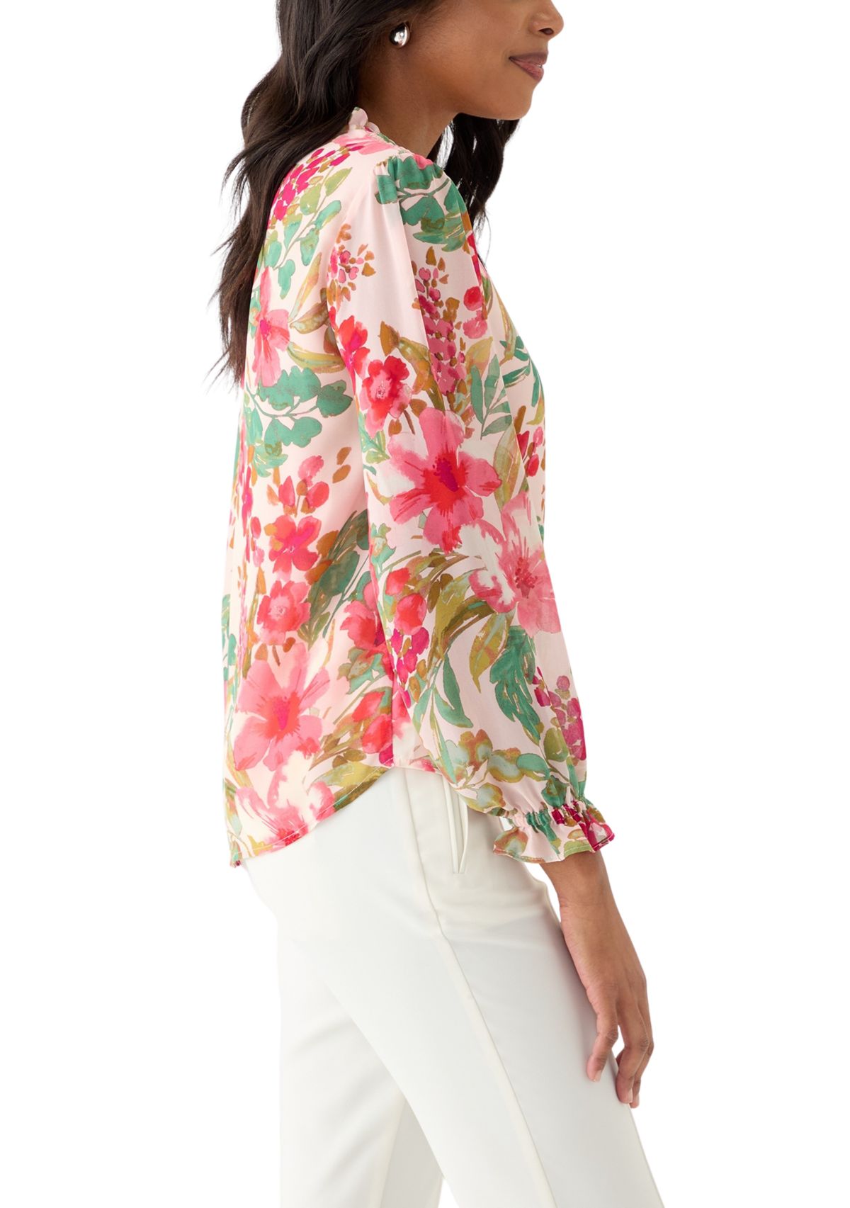 Womens Floral Print V-Neck Button Front Blouse 