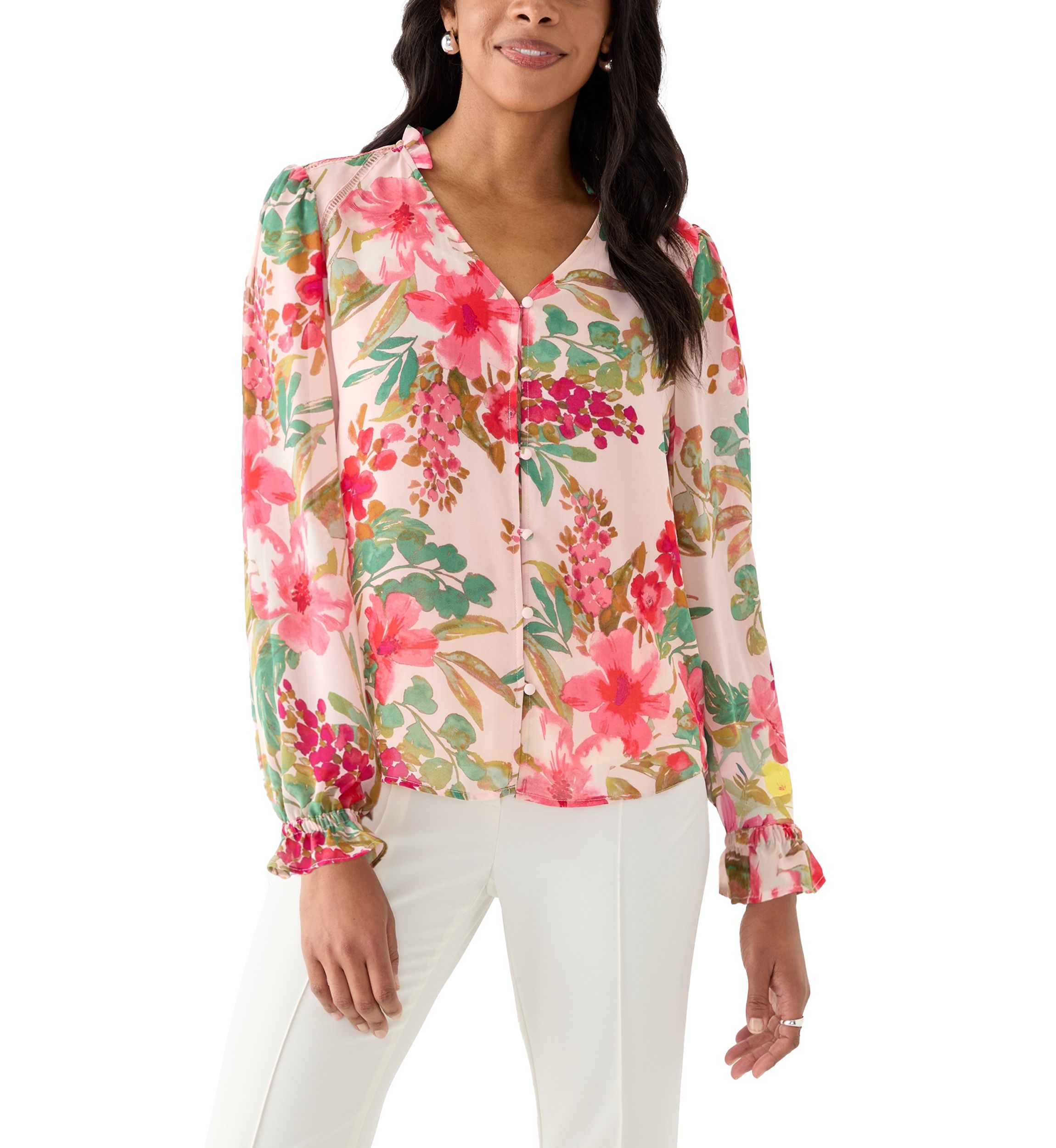 Petite Floral Print V-Neck Button Front blouse