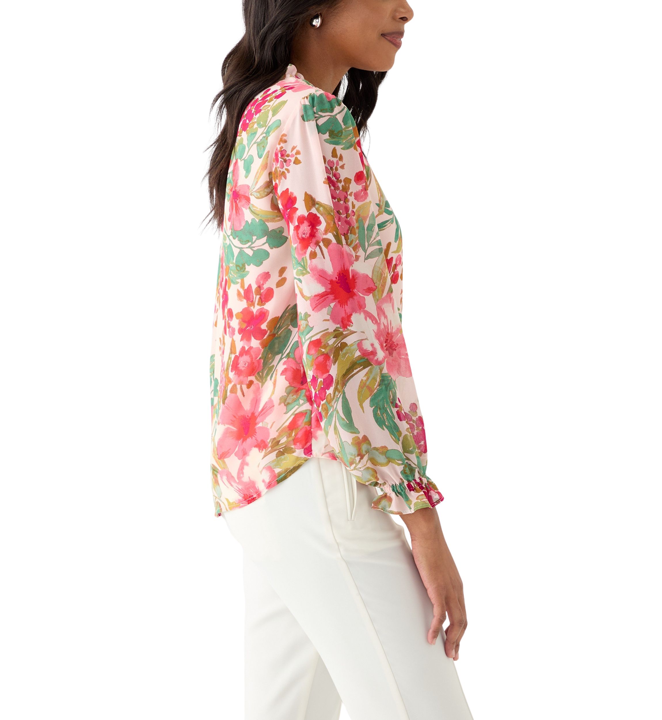 Petite Floral Print V-Neck Button Front blouse
