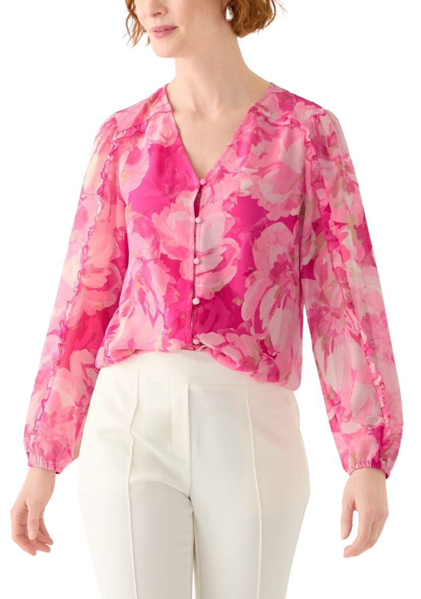 Womens Floral Print Button Front Blouse