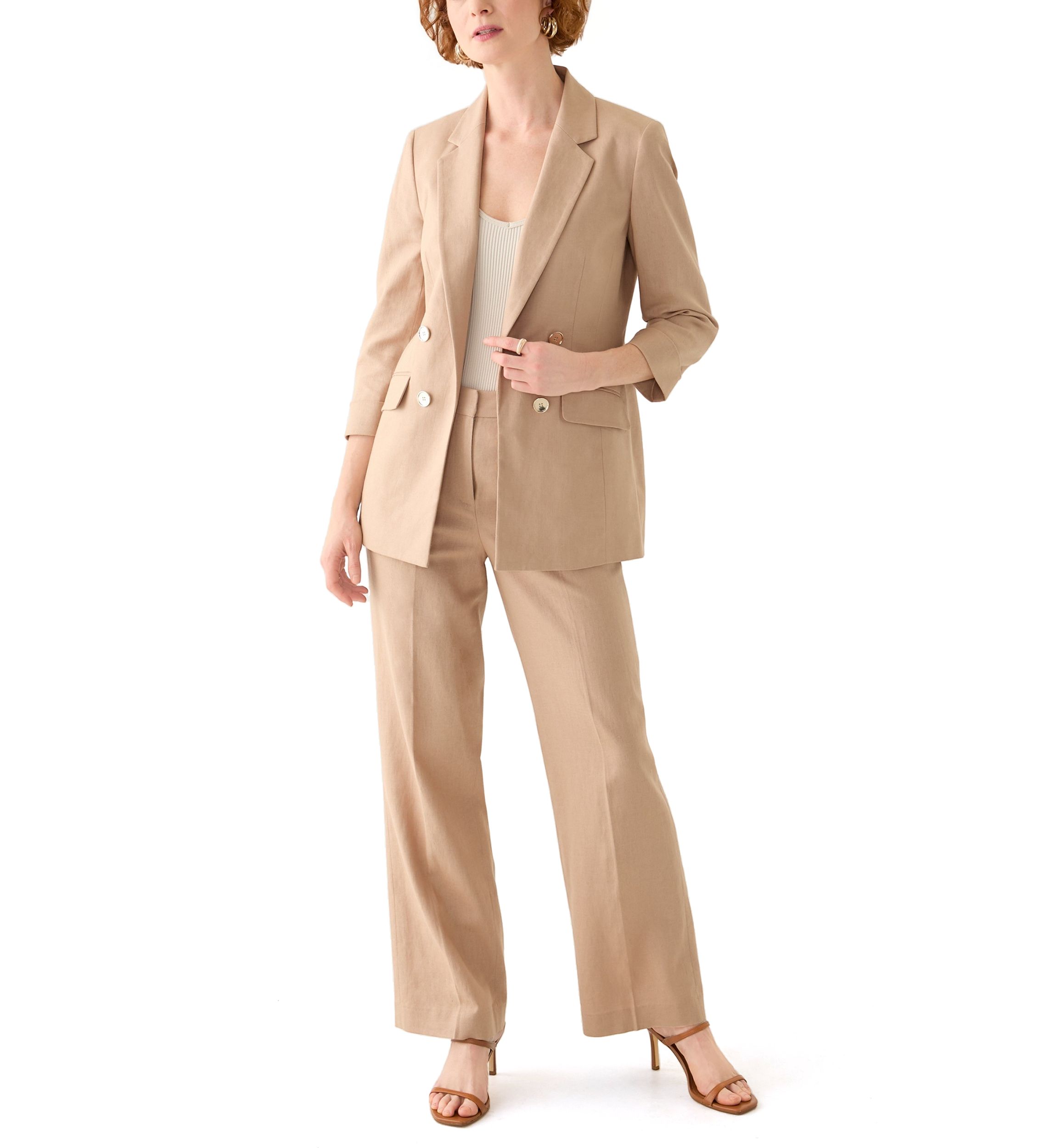 Womens Linen Faux Double Breasted Jacket 