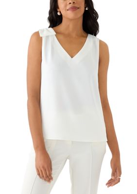 THE LIMITED Women's V-Neck Bow DEtail Sleeveless Blouse, White, XXL