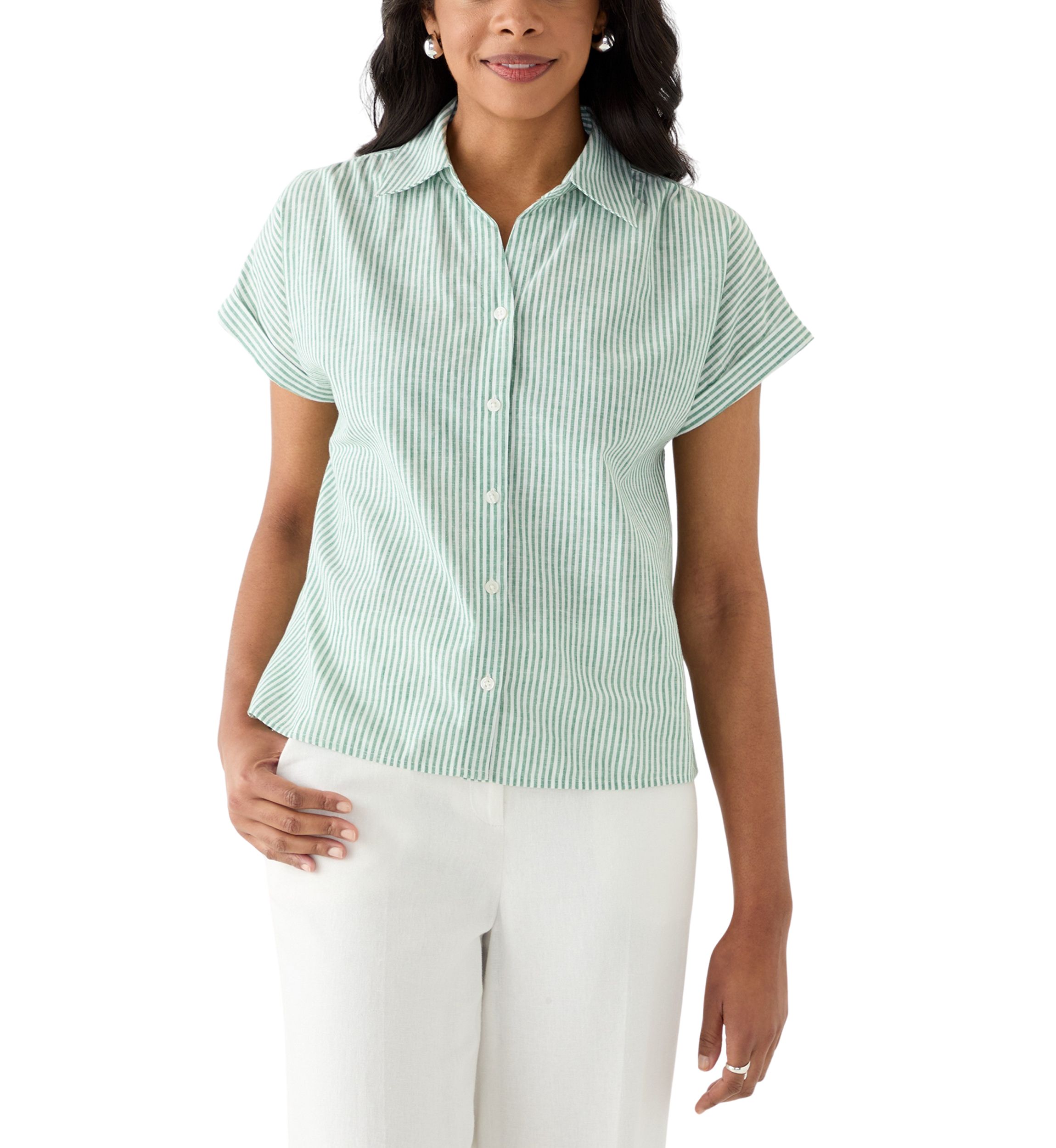 Womens Stripe Linen Button Front Shirt