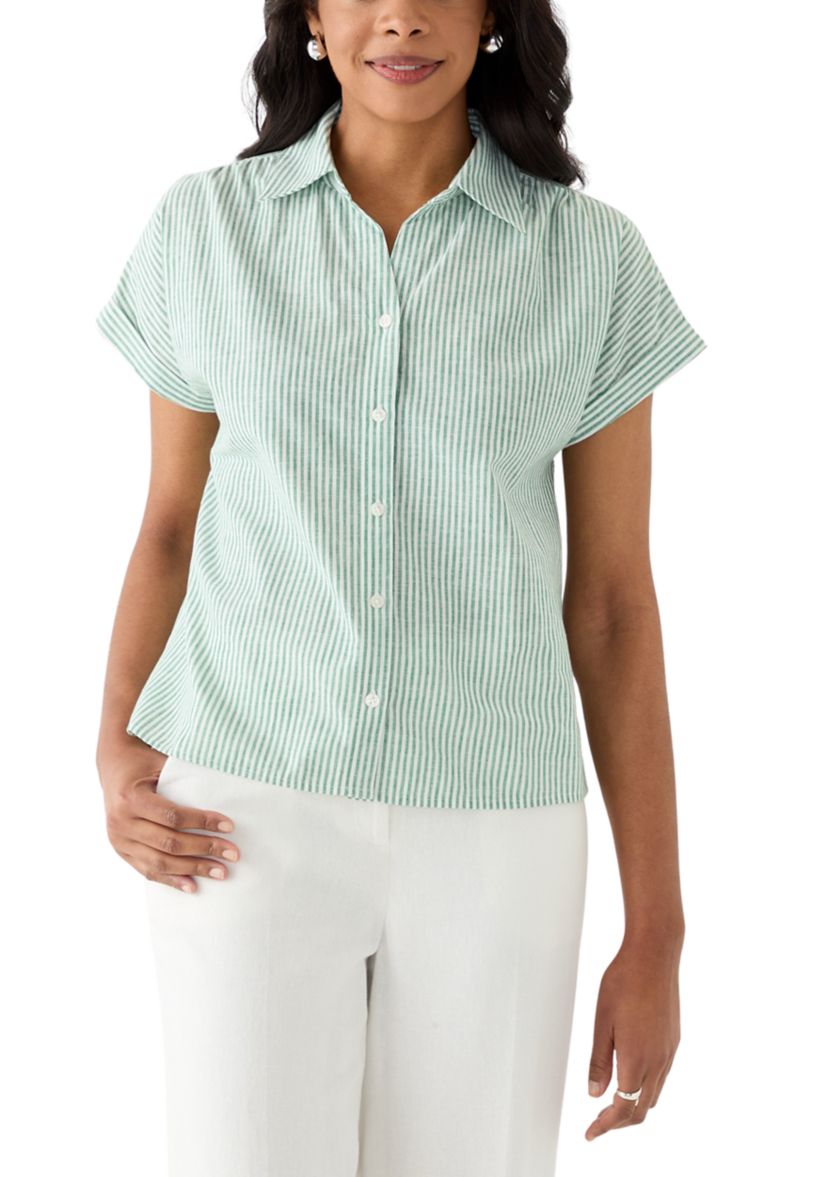 Womens Stripe Linen Button Front Shirt