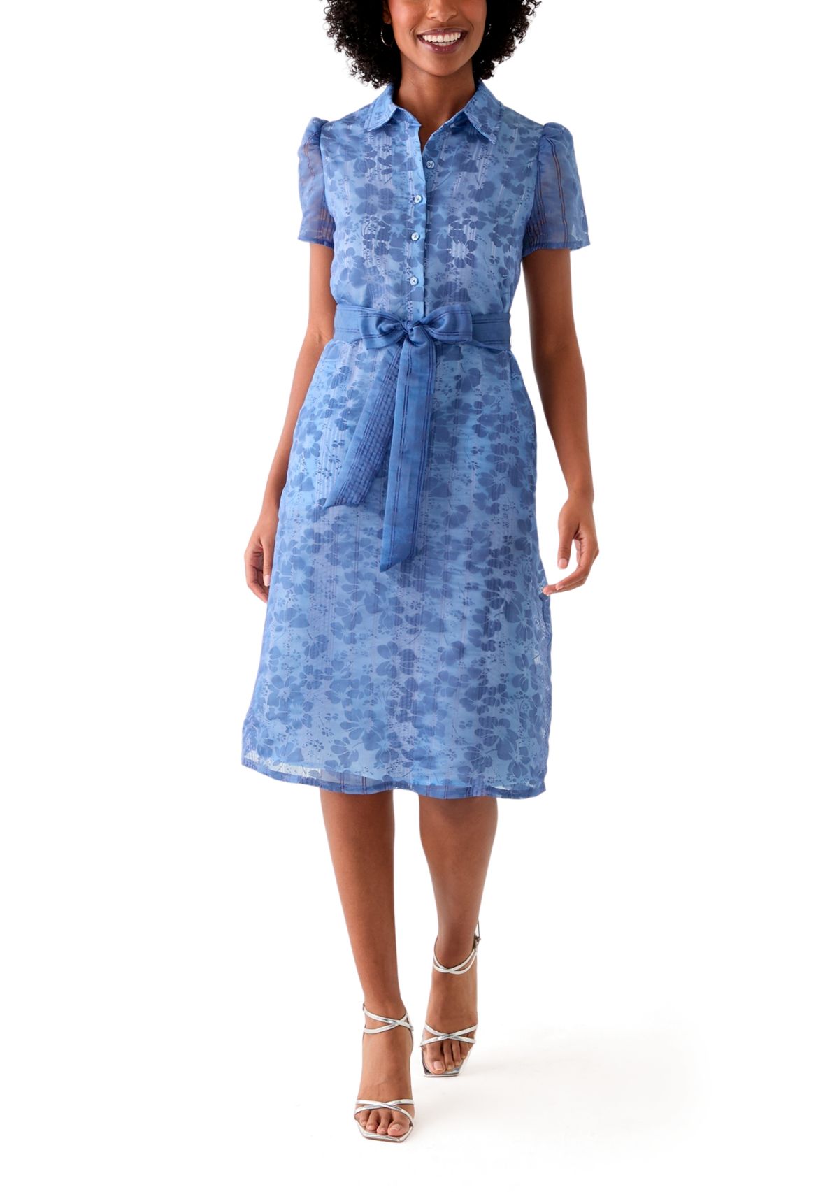 Womens Puff Sleeve Midi Shirtdress