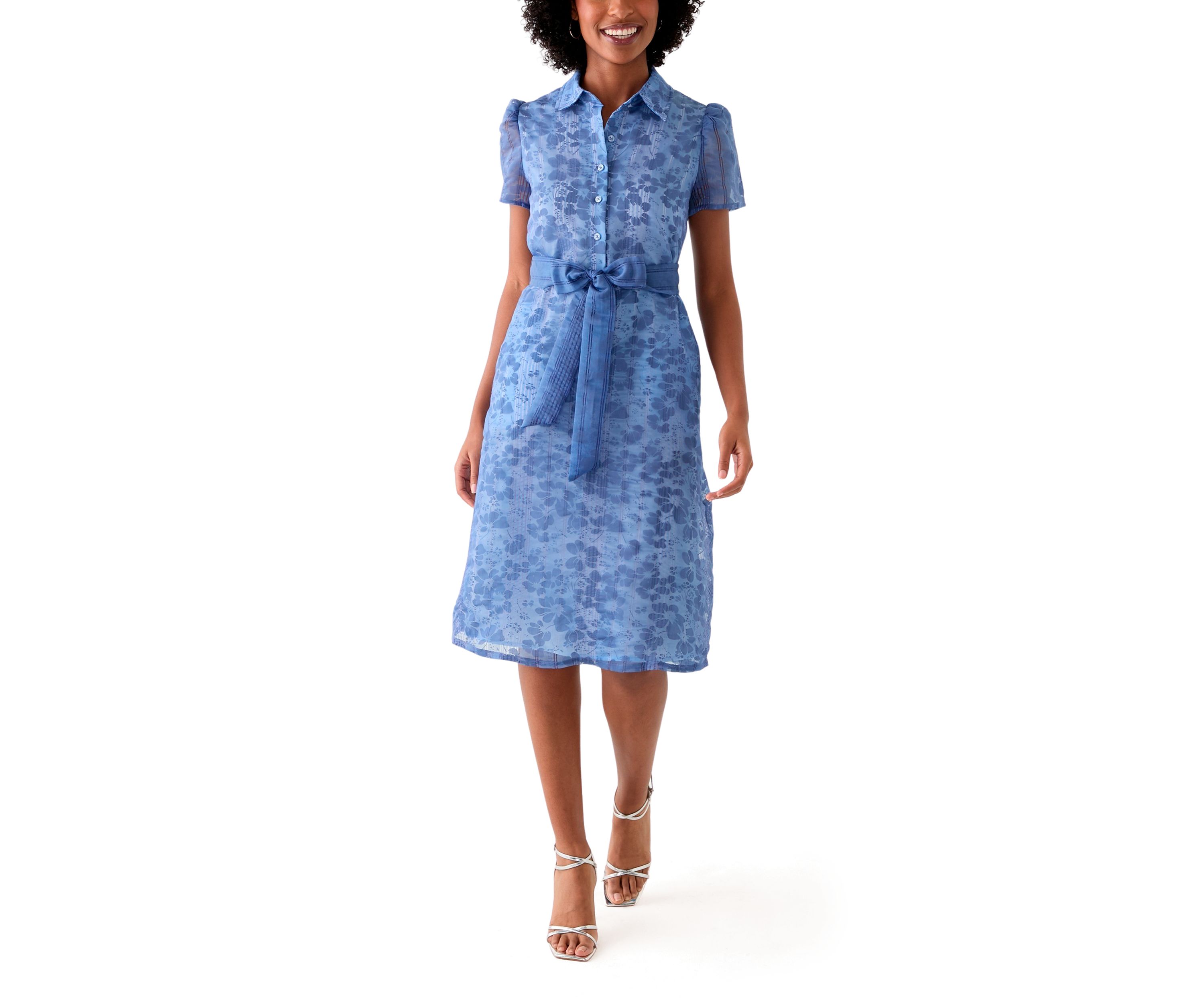 Womens Puff Sleeve Midi Shirtdress