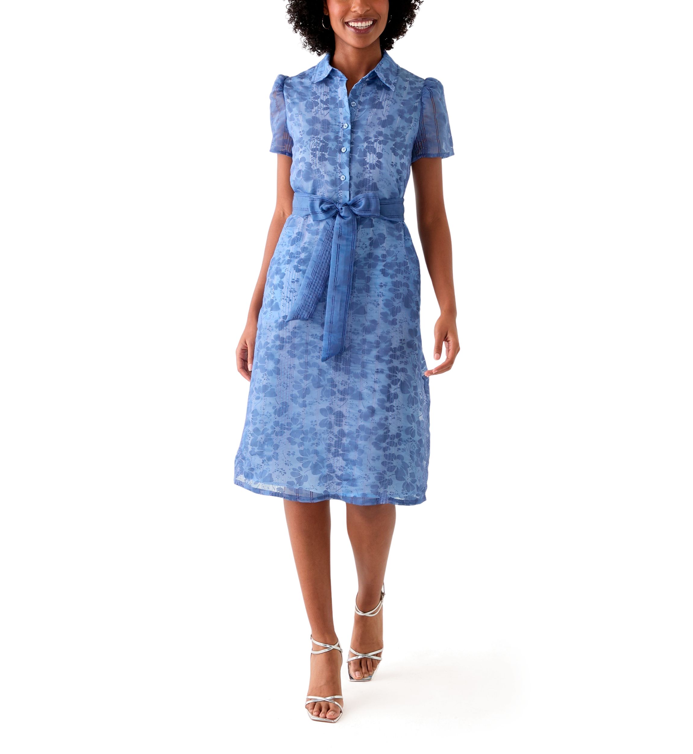 Womens Puff Sleeve Midi Shirt Dress