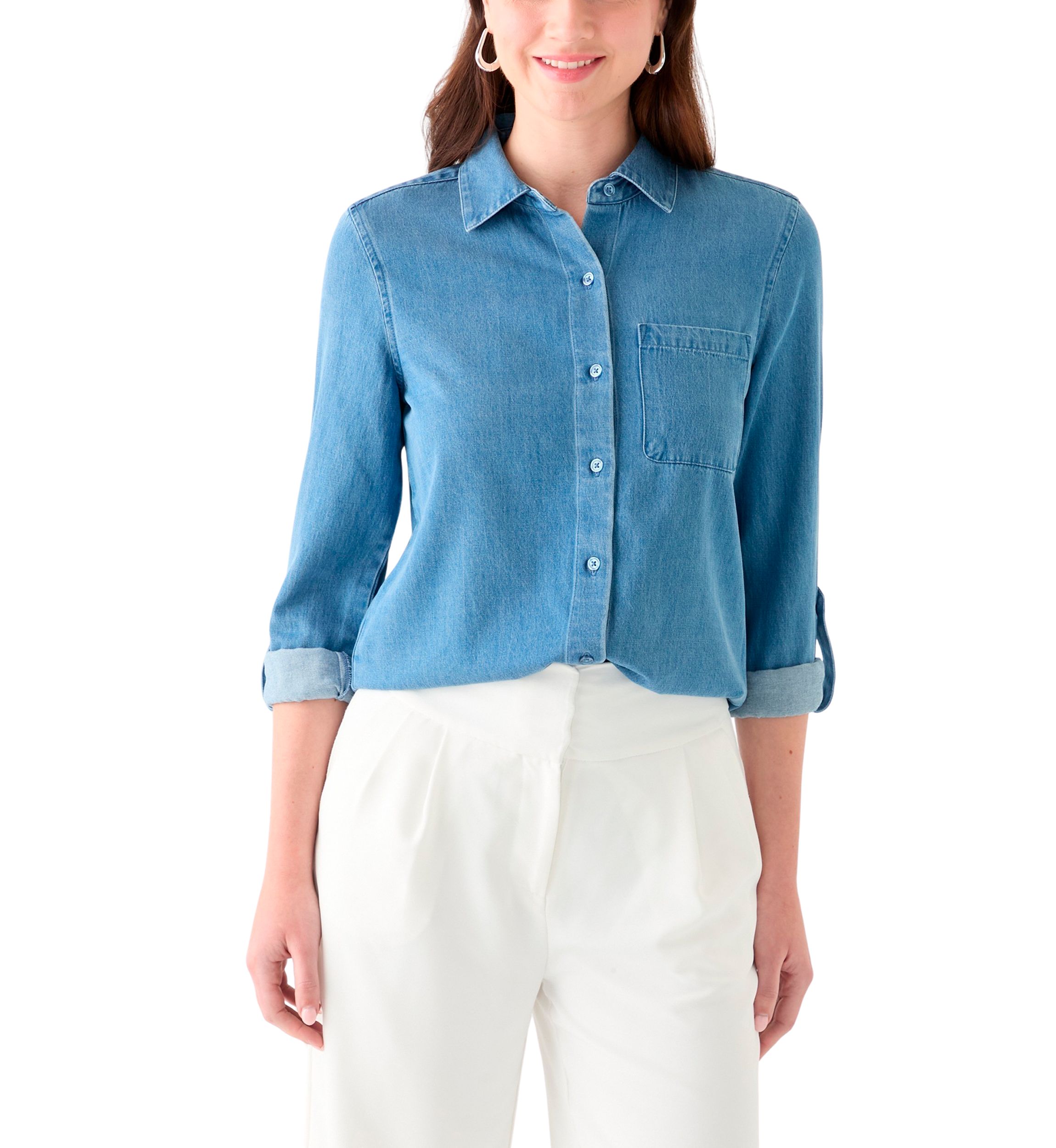 Petite Long Sleeve Button Down Shirt with Patch Pocket