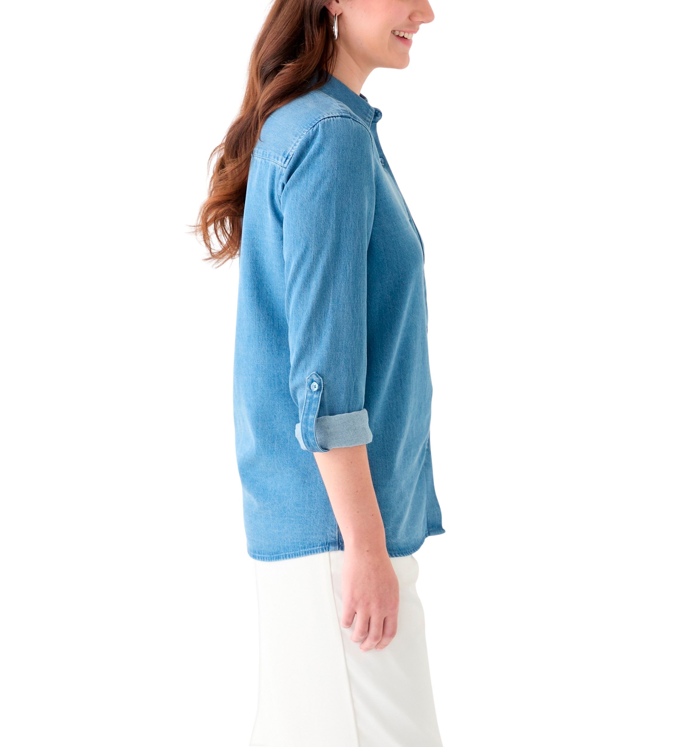 Petite Long Sleeve Button Down Shirt with Patch Pocket