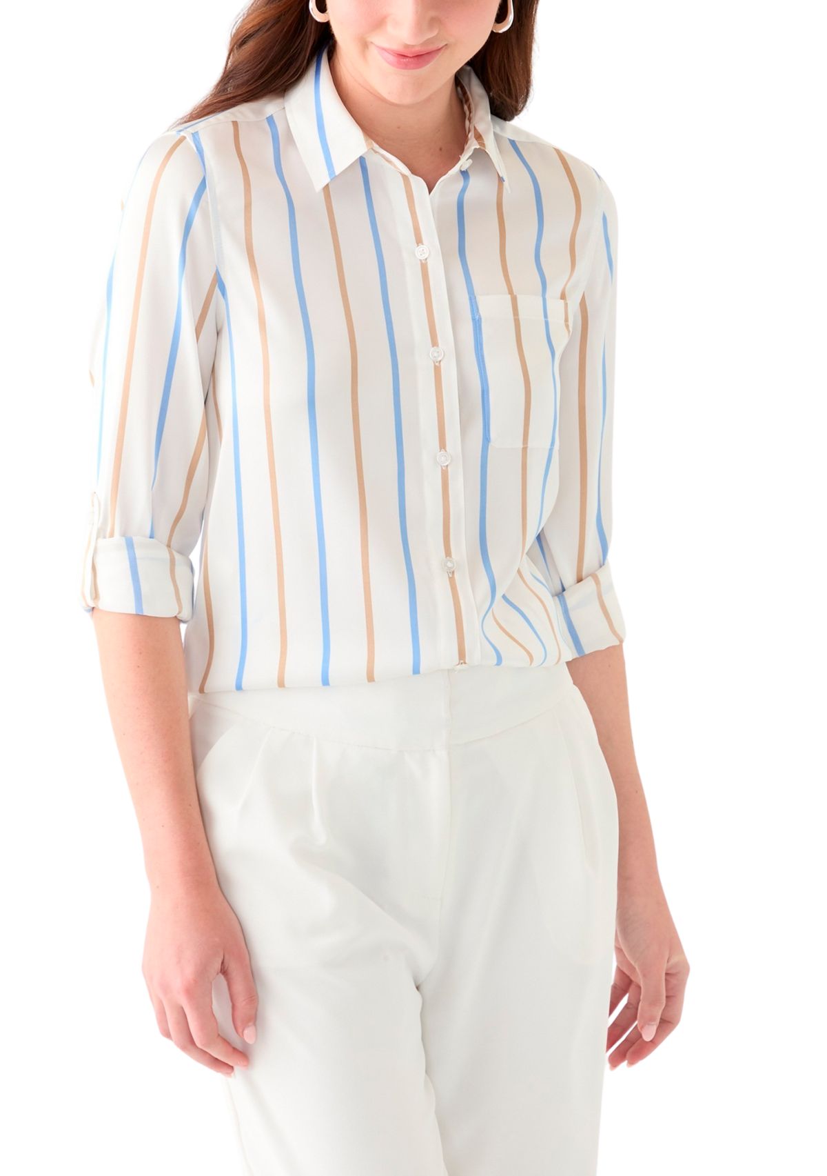Petite 3/4 Roll Tab Striped Button-Down Blouse