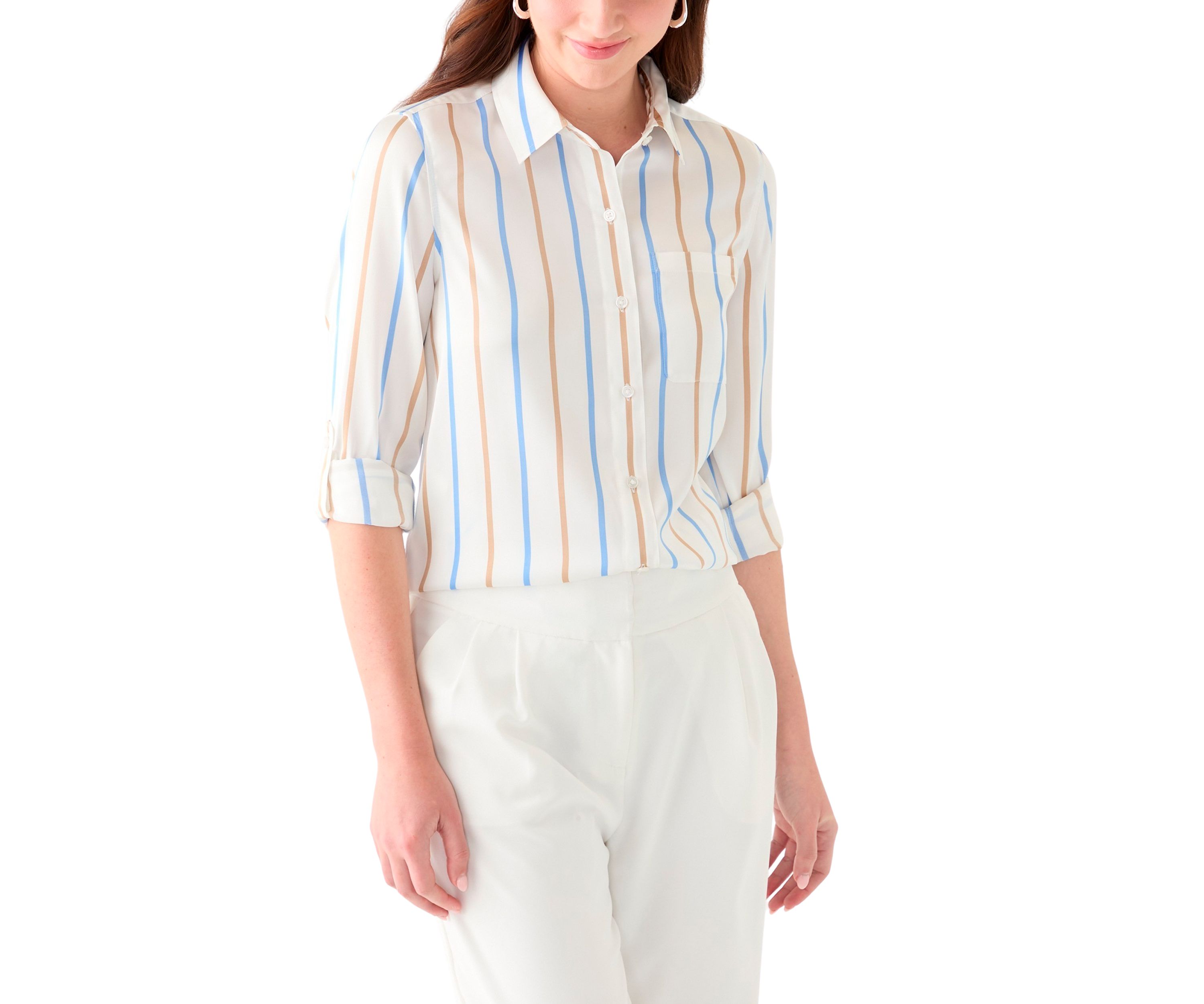 Petite 3/4 Roll Tab Striped Button-Down Blouse
