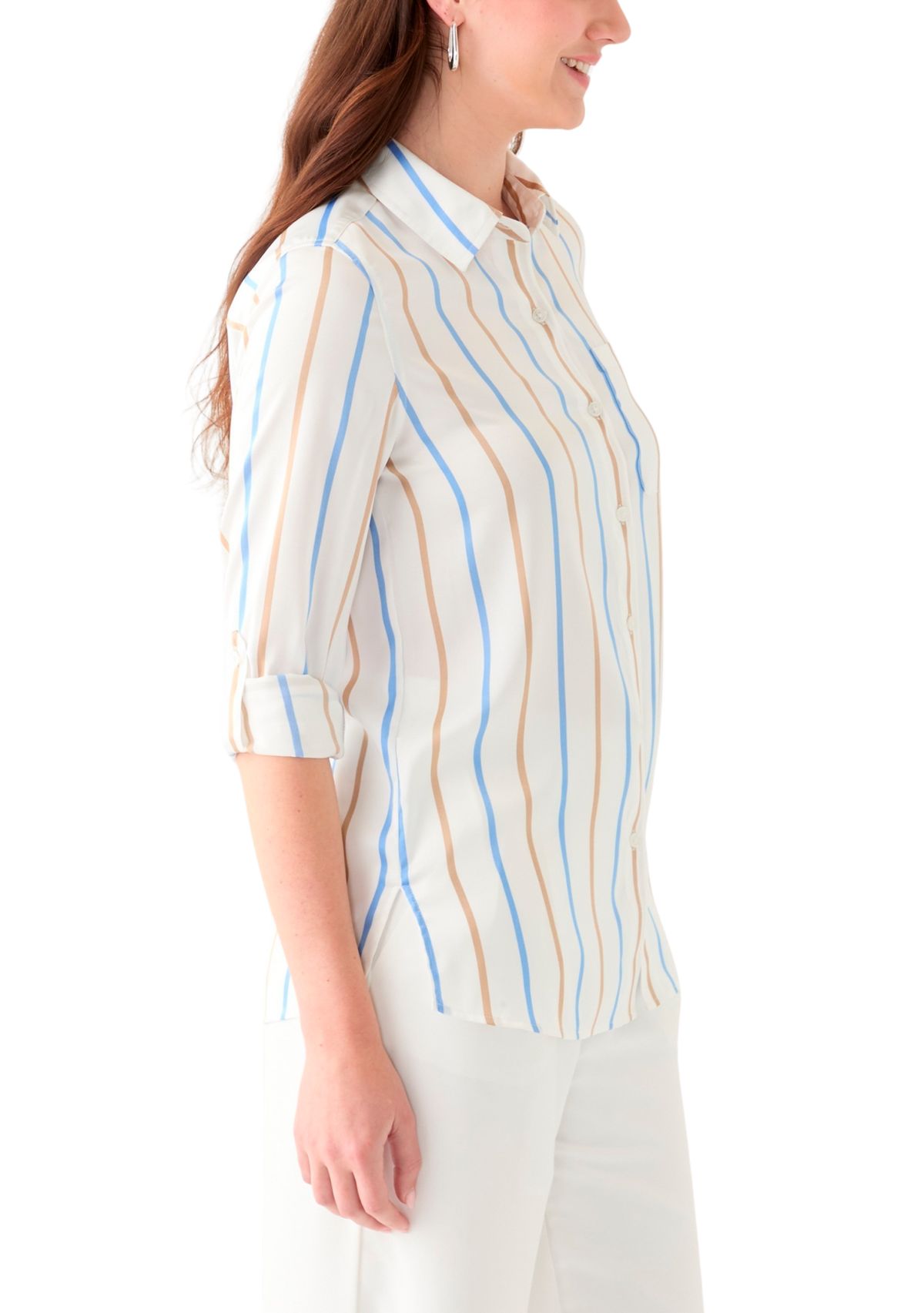 Petite 3/4 Roll Tab Striped Button-Down Blouse