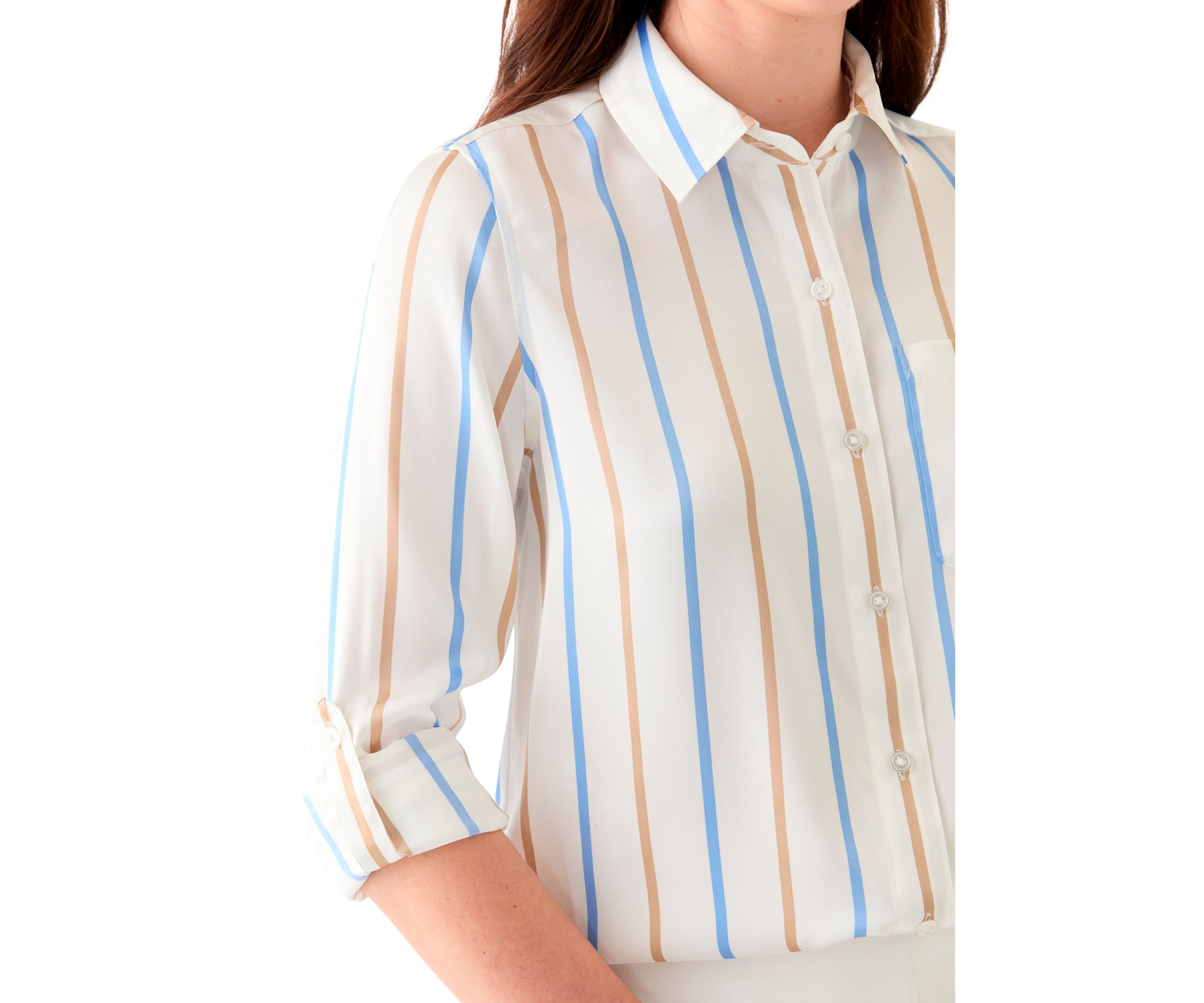 Petite 3/4 Roll Tab Striped Button-Down Blouse