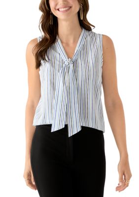 THE LIMITED Women's Petite Sleeveless Striped Tie Neck Top