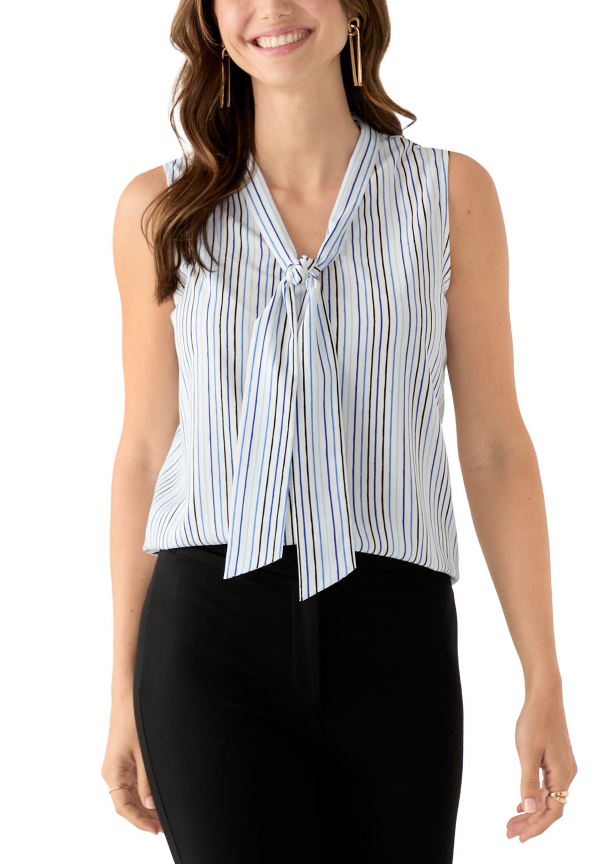 Petite Sleeveless Striped Tie Neck Top