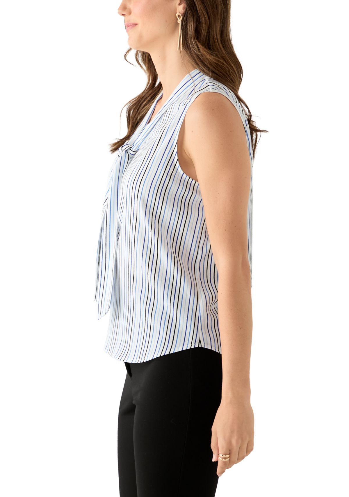 Petite Sleeveless Striped Tie Neck Top