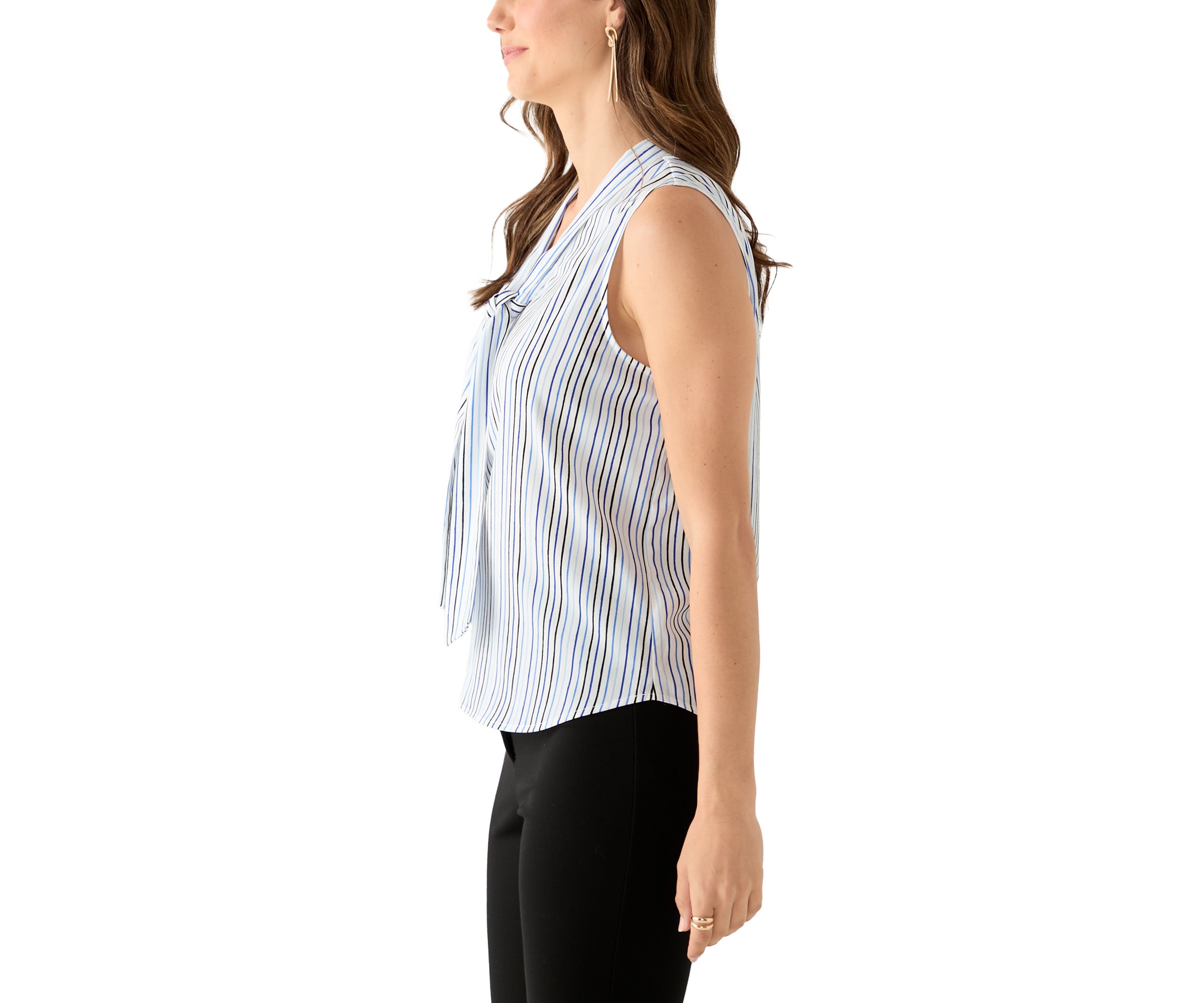 Petite Sleeveless Striped Tie Neck Top