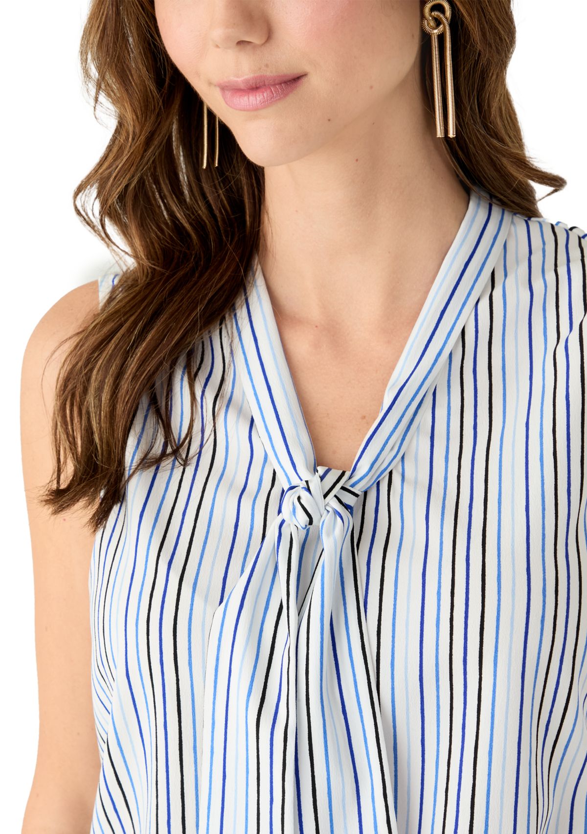Petite Sleeveless Striped Tie Neck Top