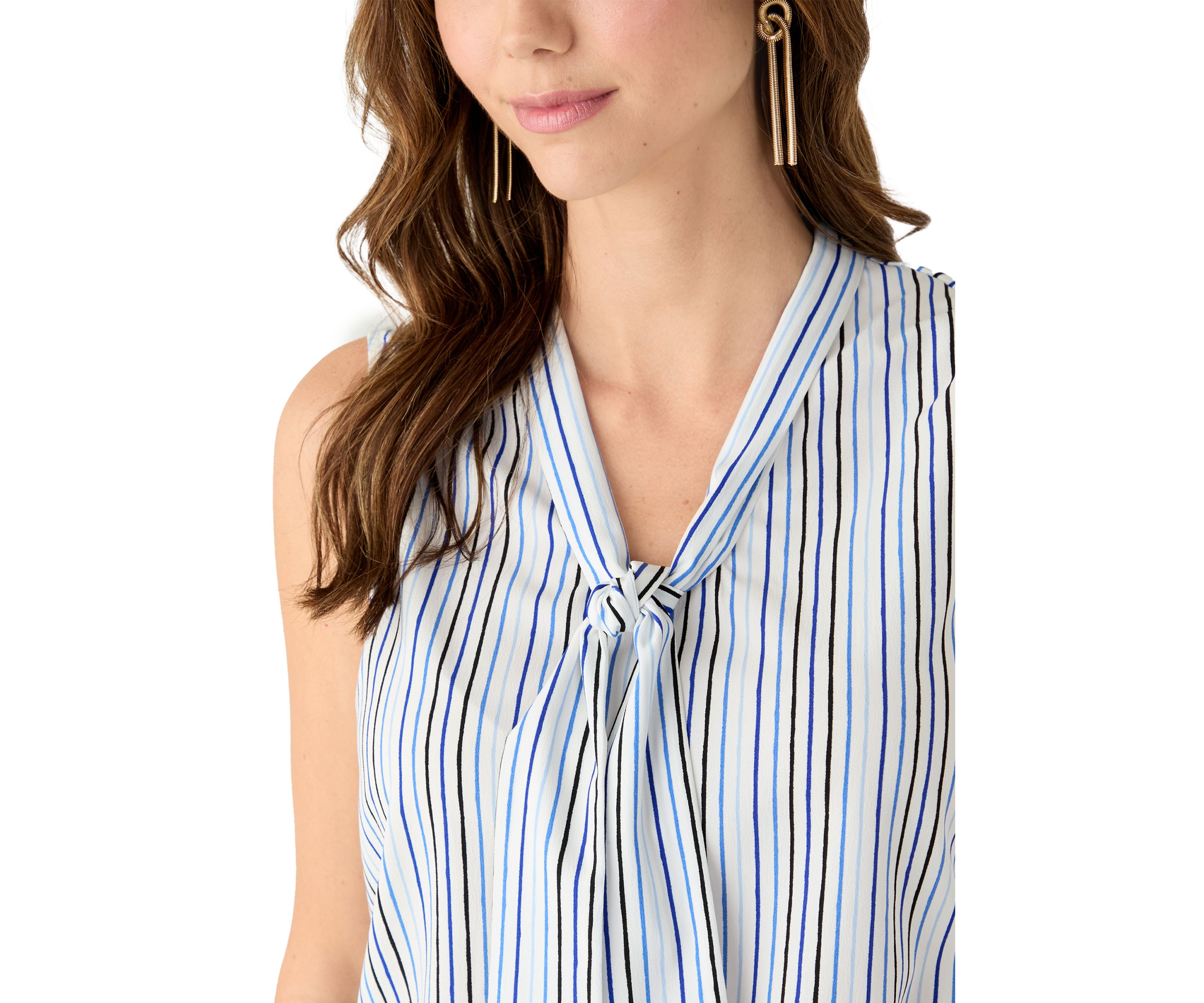 Petite Sleeveless Striped Tie Neck Top