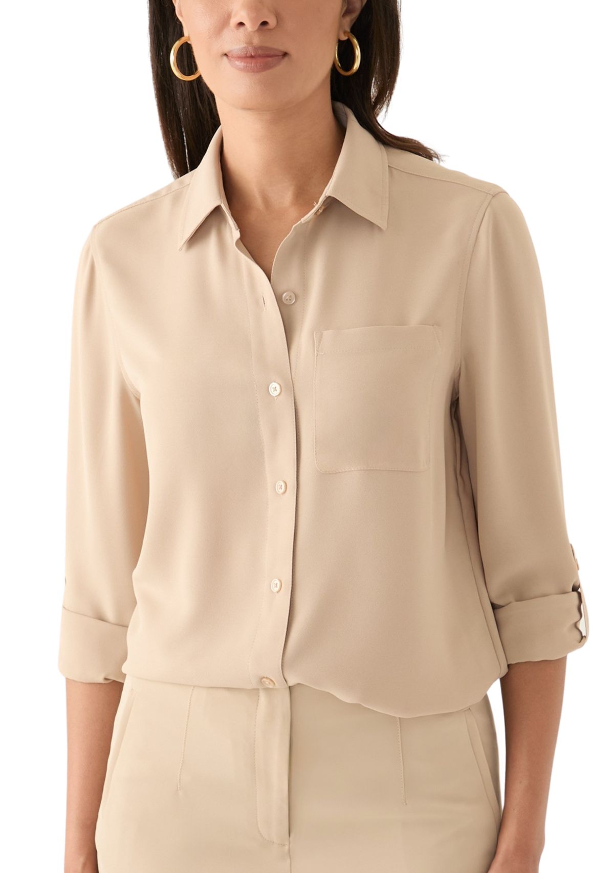 Womens Long Roll Tab Sleeve Printed Blouse