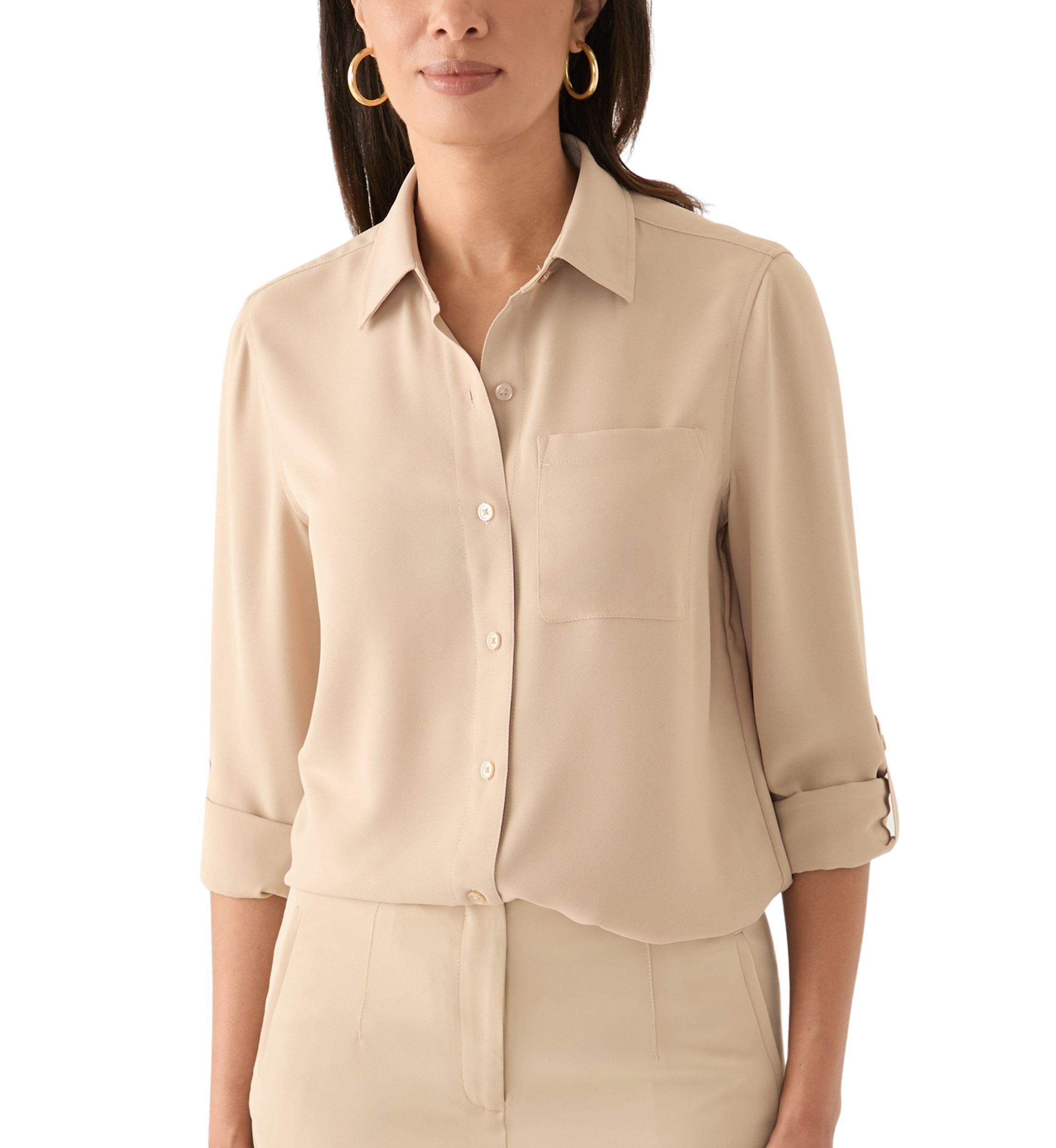 Womens Long Roll Tab Sleeve Printed Blouse