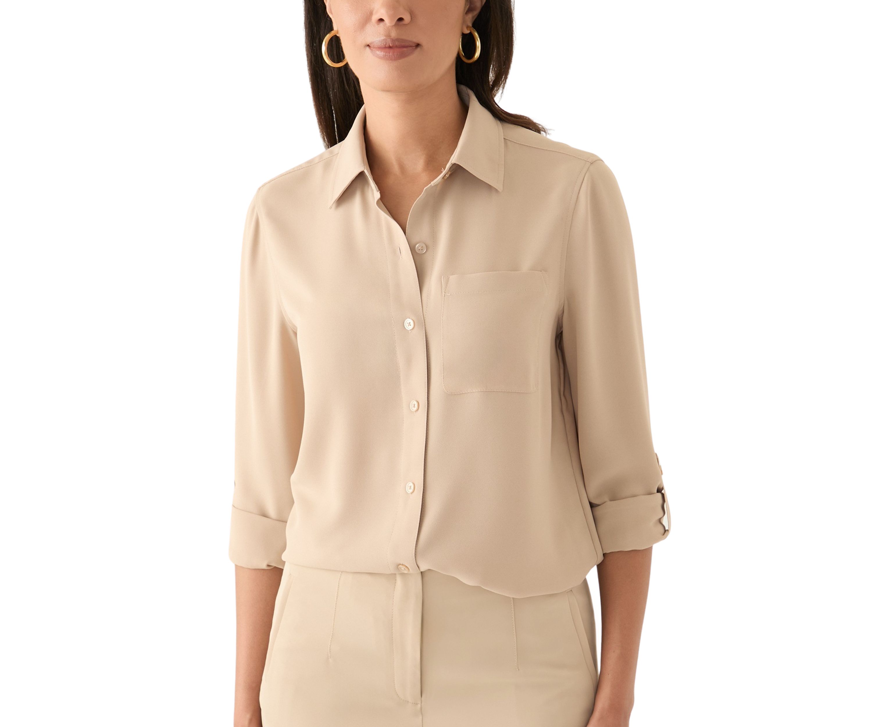 Womens Long Roll Tab Sleeve Printed Blouse