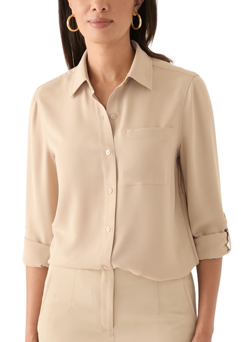 Womens Long Roll Tab Sleeve Printed Blouse