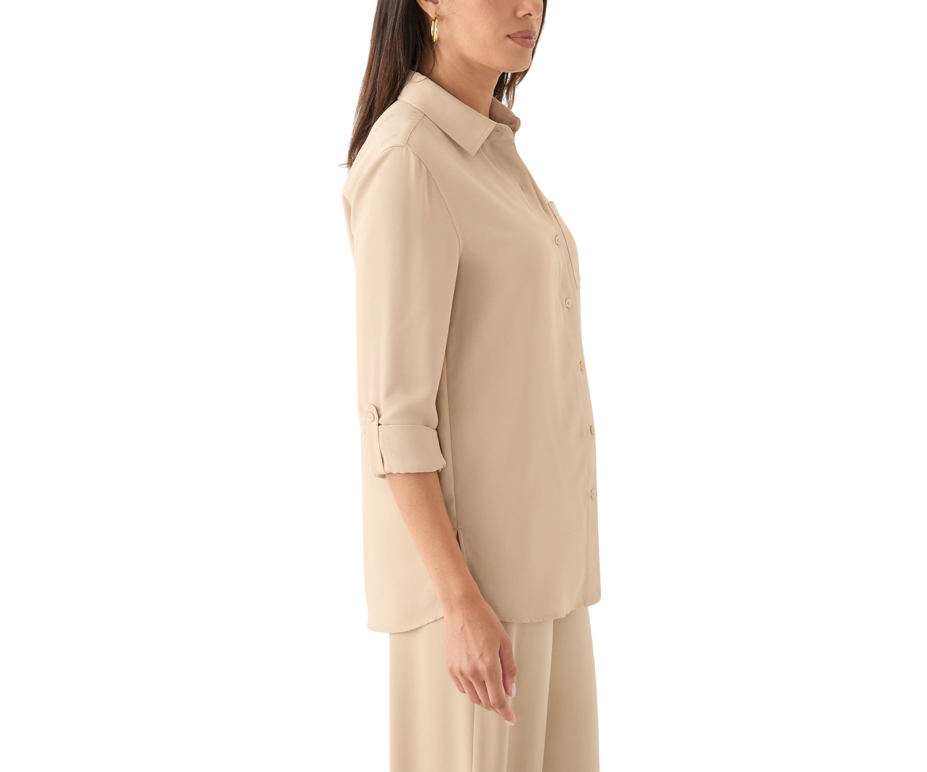 Womens Long Roll Tab Sleeve Printed Blouse