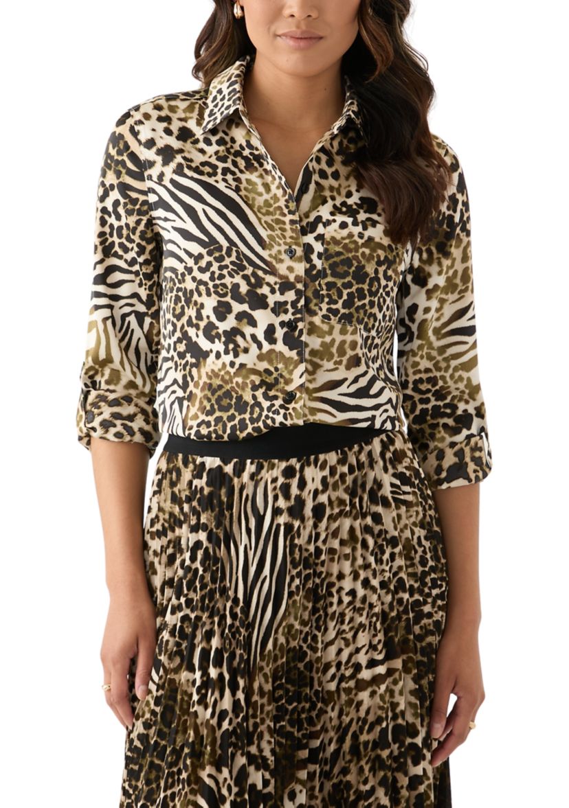 Womens Long Roll Tab Button Front Blouse 
