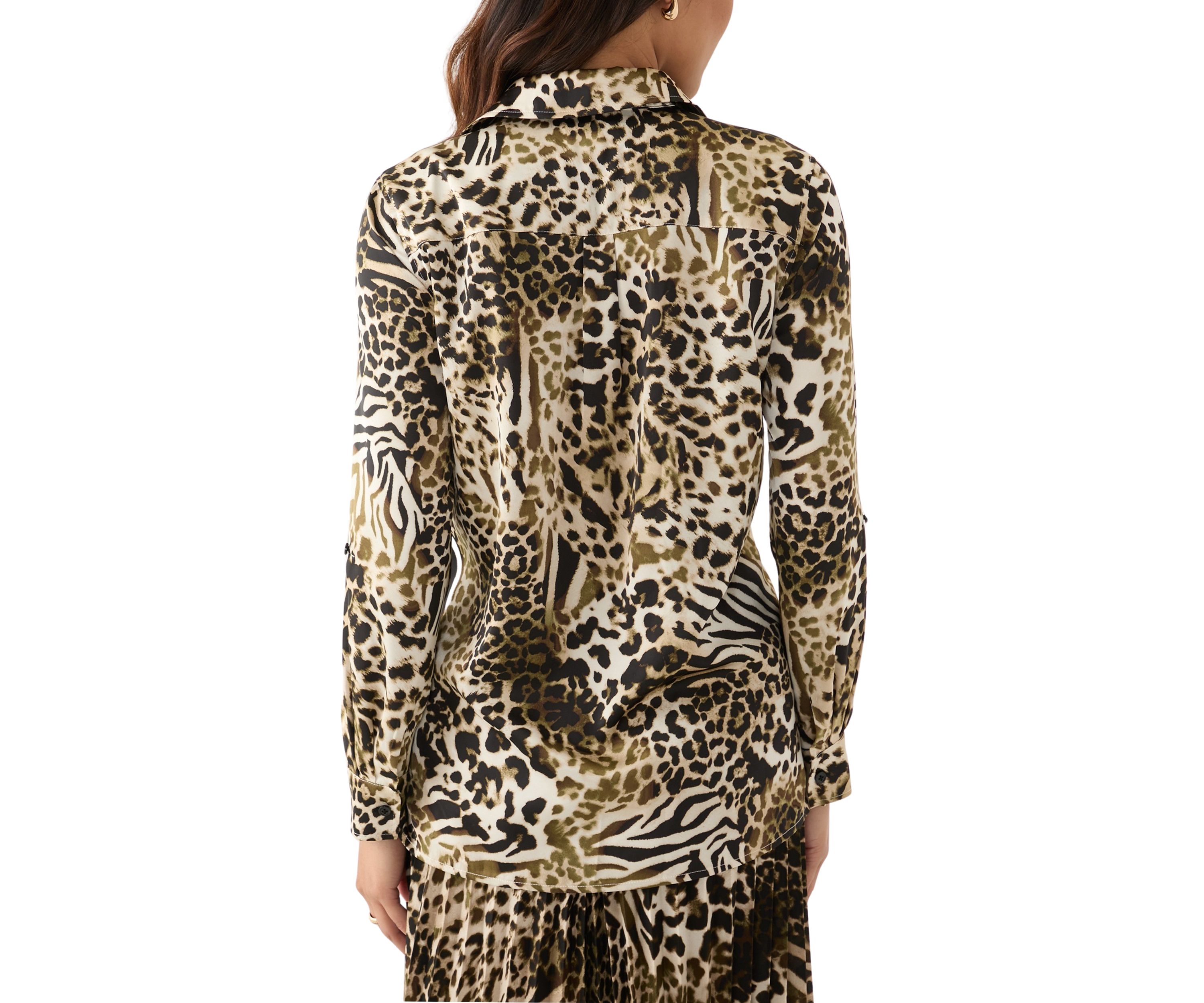 Womens Long Roll Tab Button Front Blouse 
