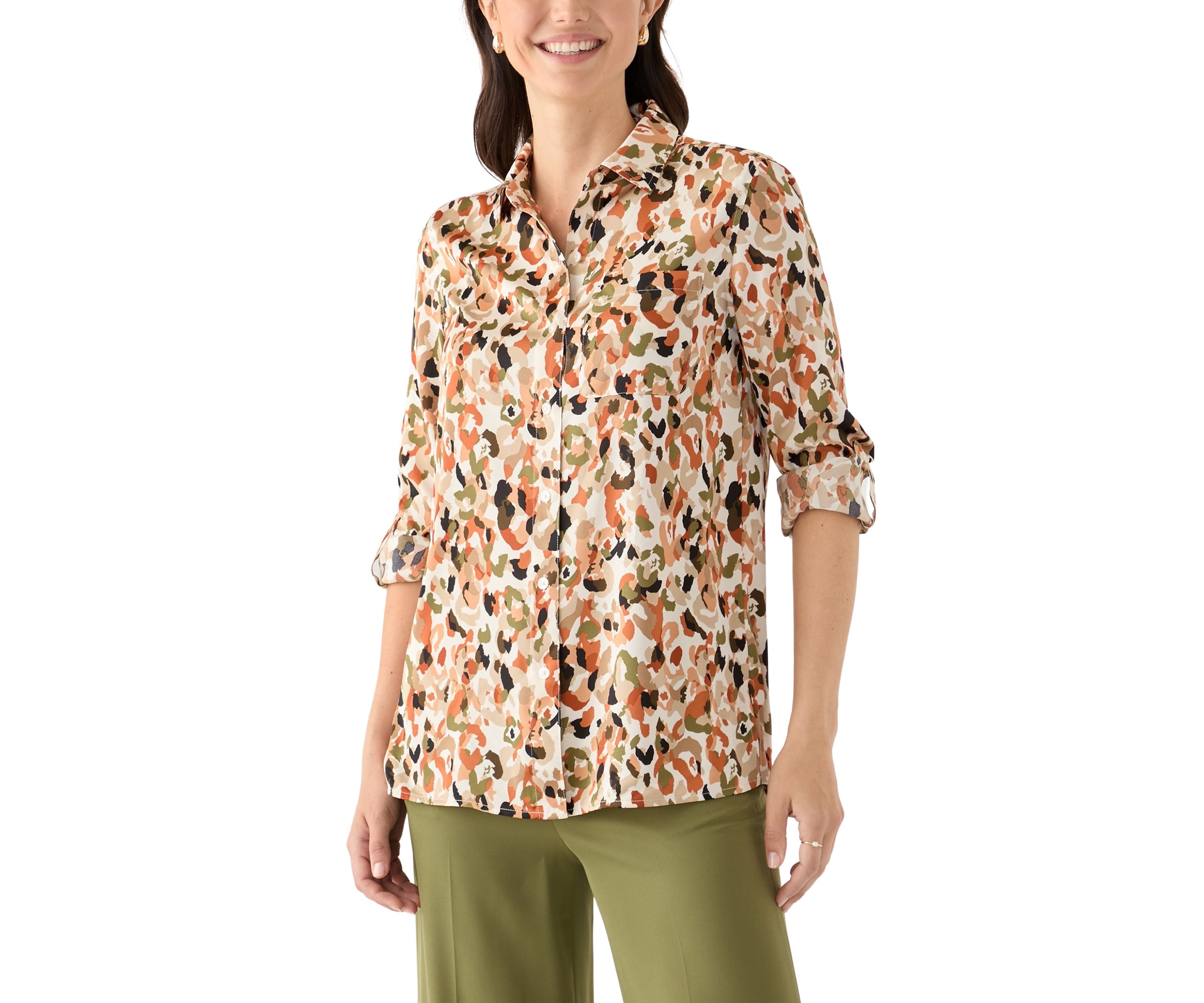 Womens Roll Tab Printed Blouse