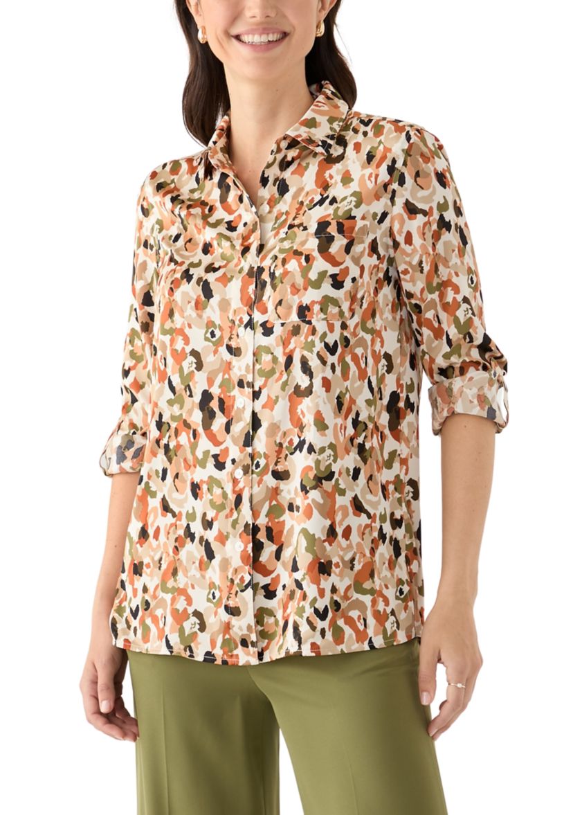 Womens Roll Tab Printed Blouse