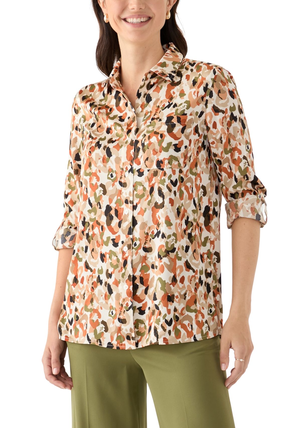 Petite Long Sleeve Button Front Blouse