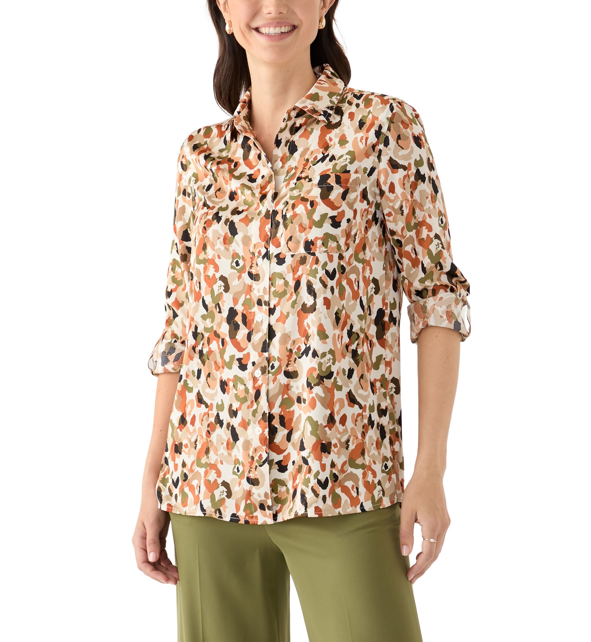 Petite Long Sleeve Button Front Blouse