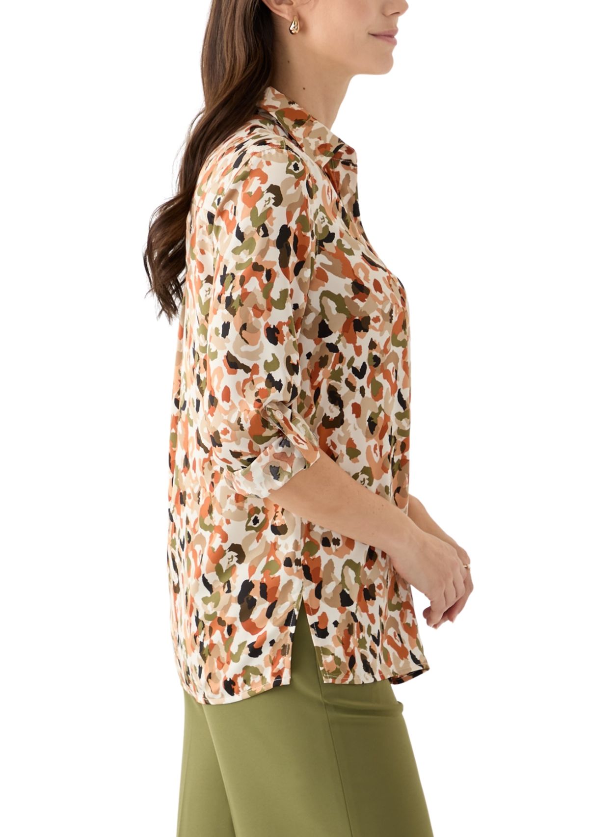 Petite Long Sleeve Button Front Blouse