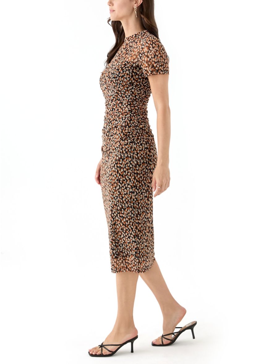 Womens Short Sleeve Side Ruched Printed Midi Dress