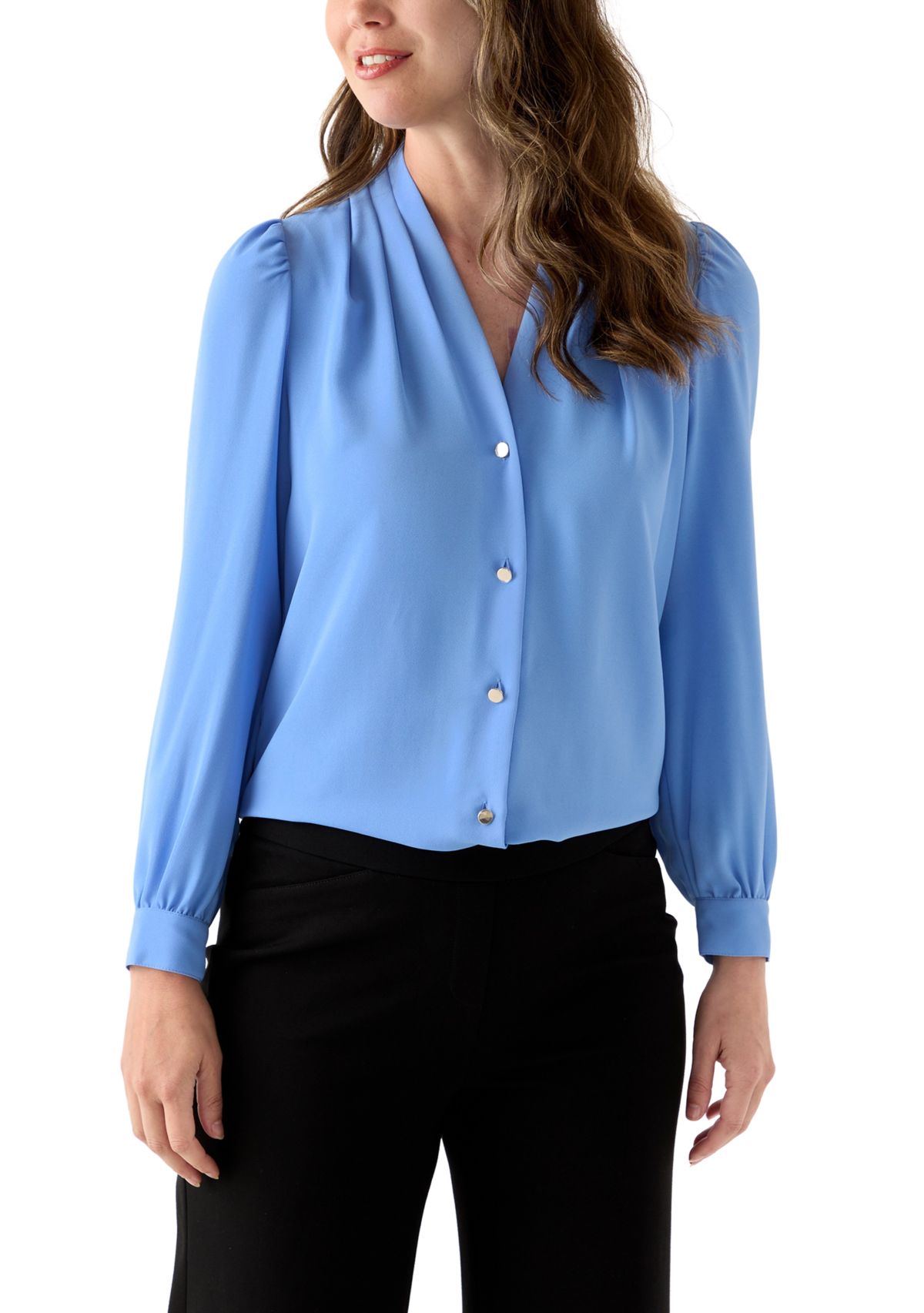 Womens Crepe Long Sleeve Button Front Blouse